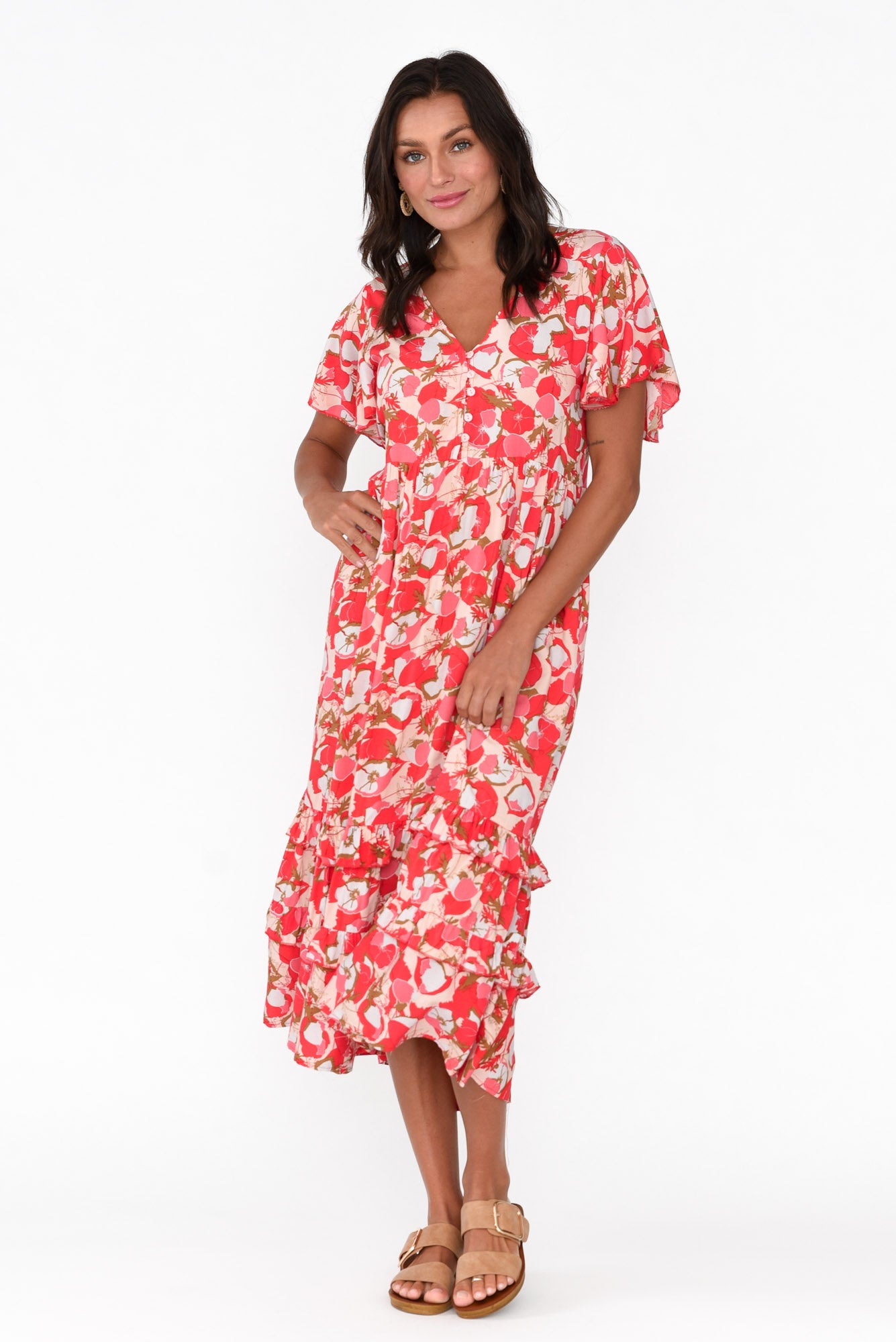 Akira Red Bloom Button Tier Dress