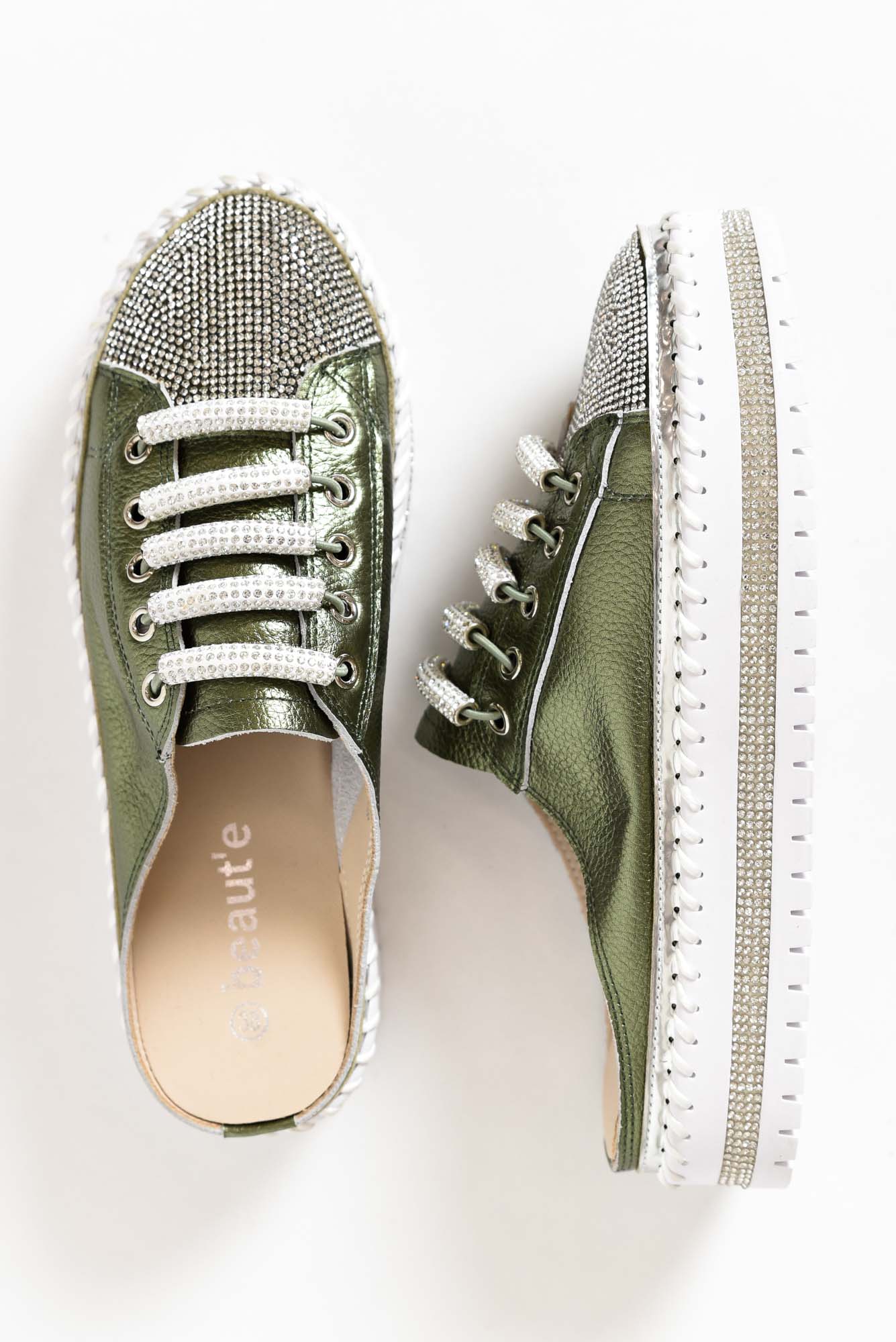 Dawson Khaki Leather Diamante Mule Sneaker