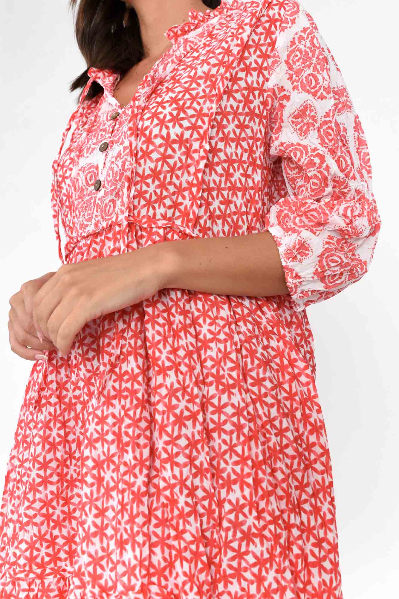 Oakwood Red Flower Cotton Puff Sleeve Dress
