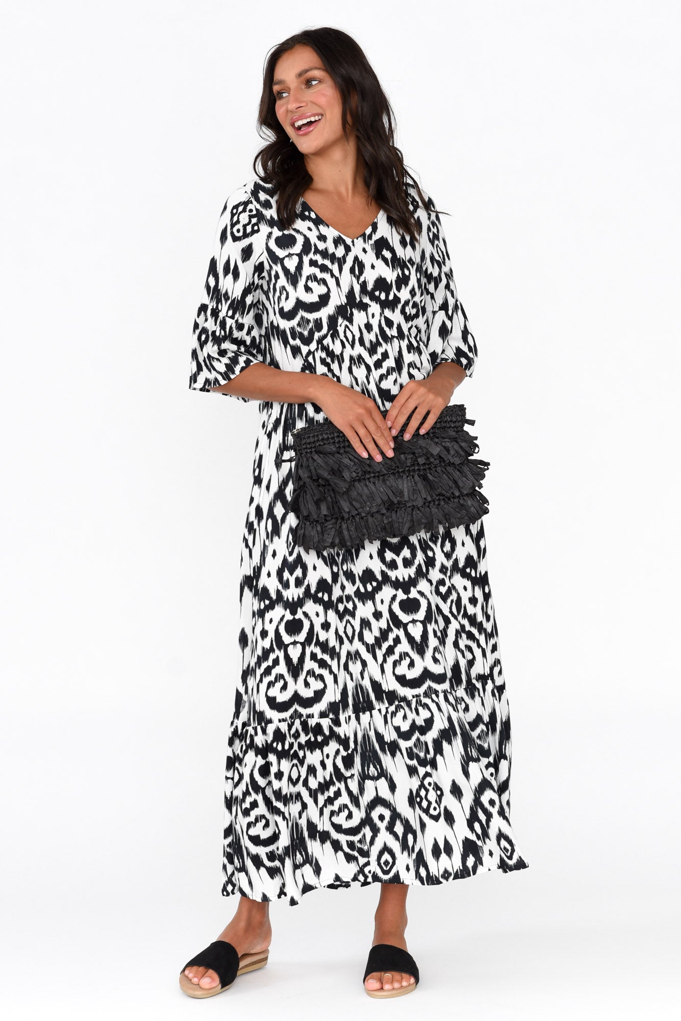 Izmir Black Geo Frill Sleeve Dress