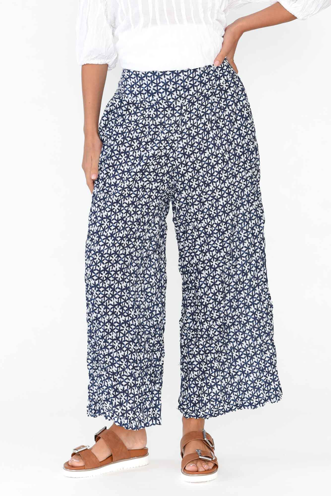 Costello Navy Flower Crinkle Cotton Pant