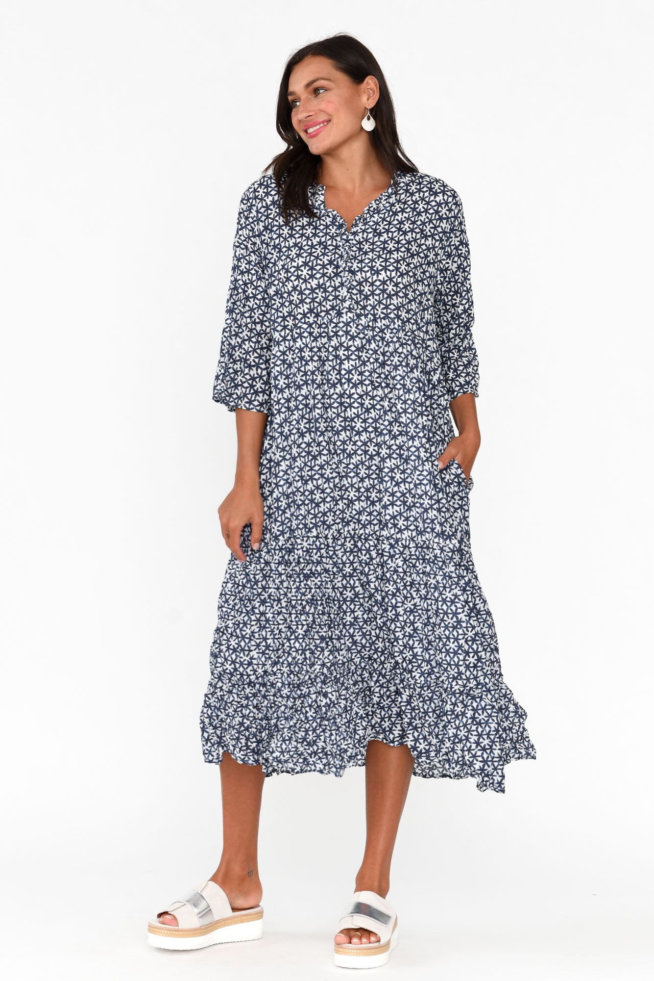 Anniston Navy Flower Cotton Tiered Dress