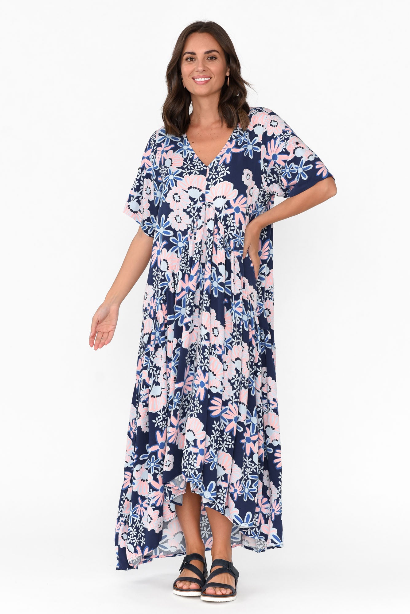 Navy Floral Peak Maxi Dress