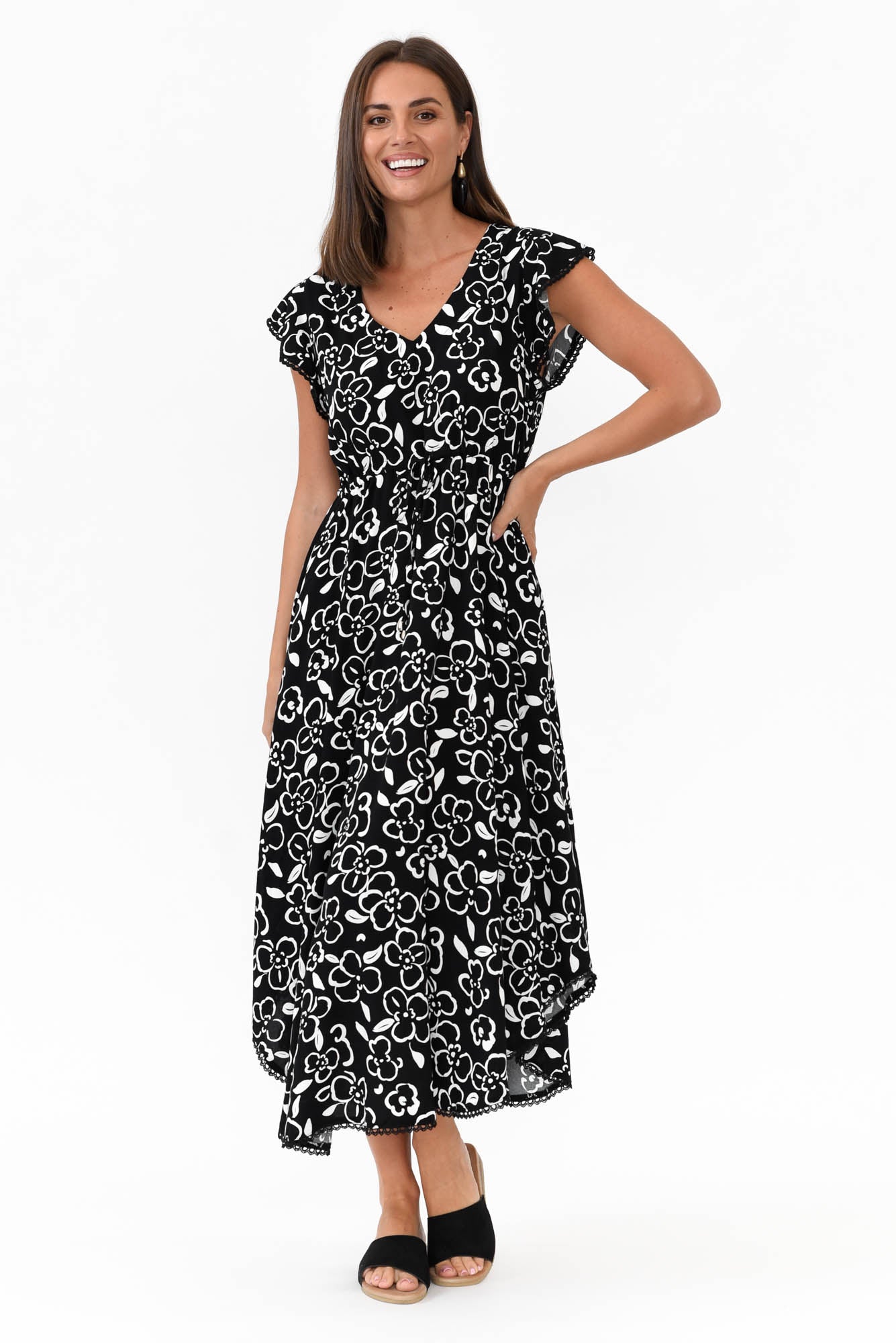 Libby Black Flower Midi Dress