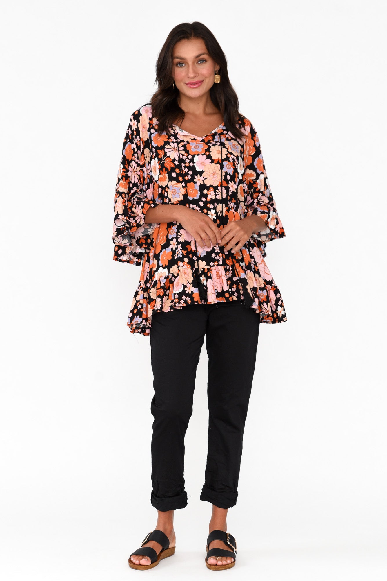 Chase Black Bloom Tassel Ruffle Top