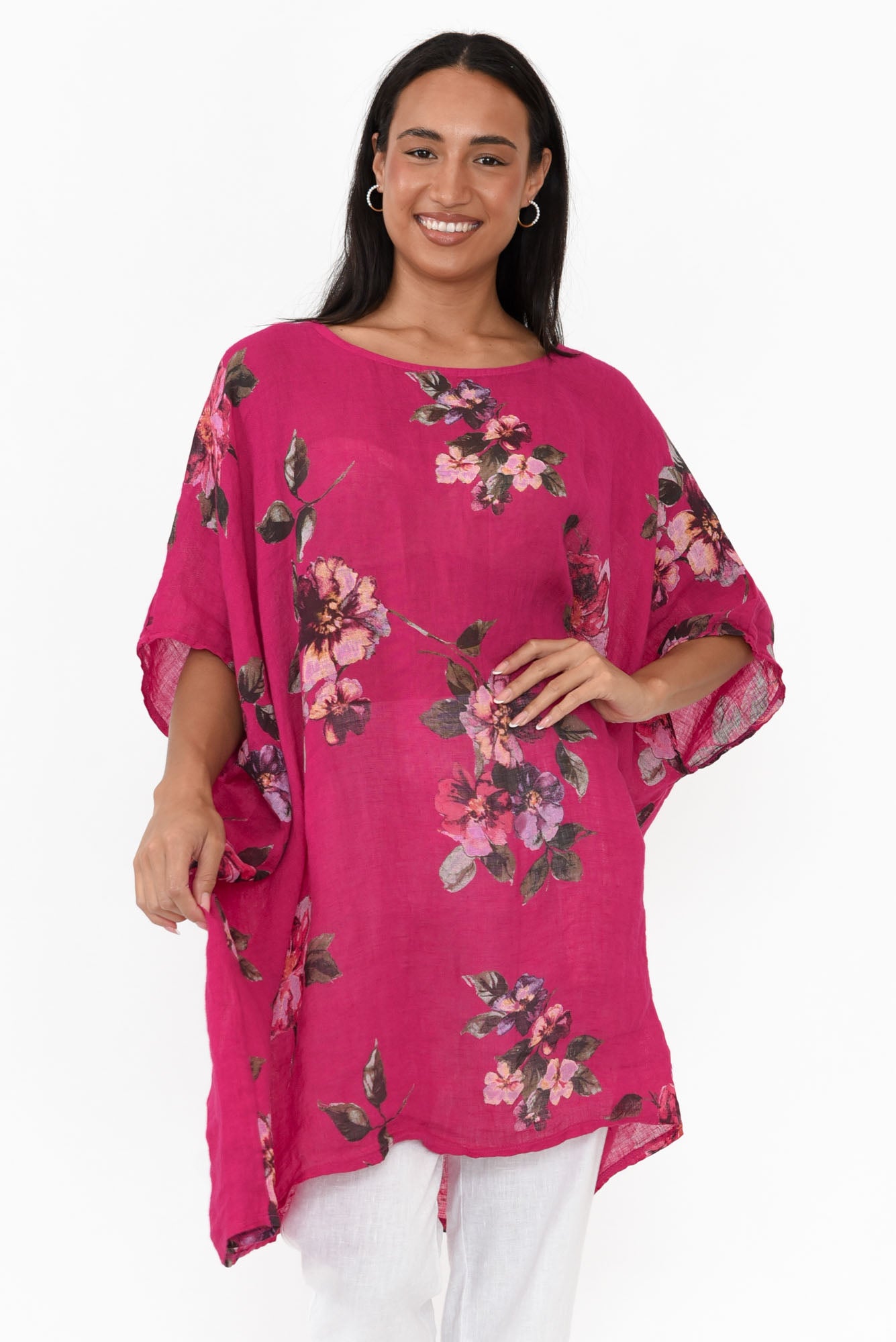 Noemi Hot Pink Floral Linen Kaftan Tunic