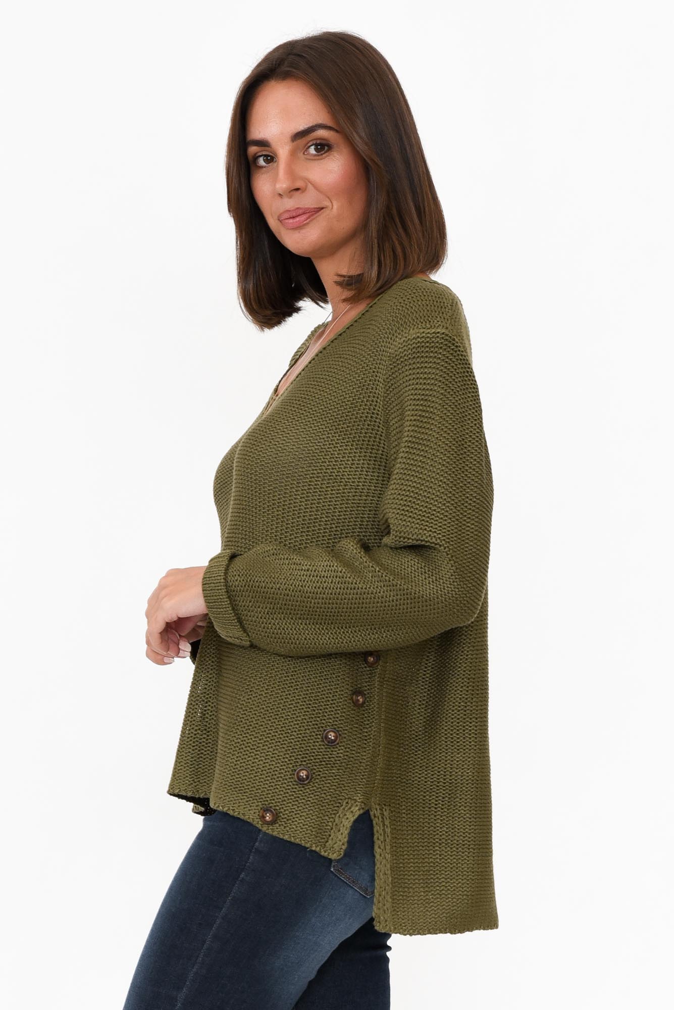 Stanley Olive Knit Button Jumper