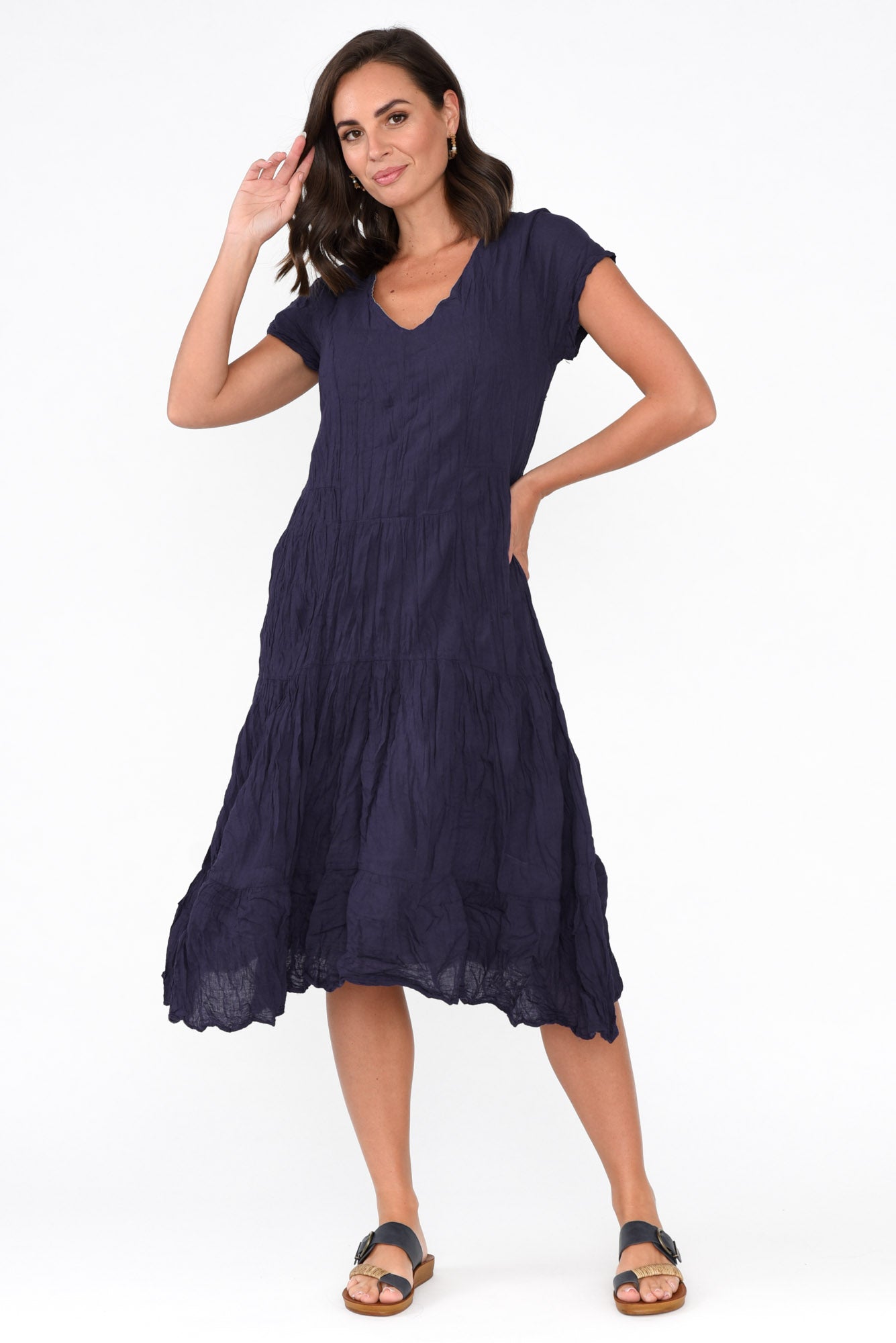 Carmen Navy Crinkle Cotton Dress