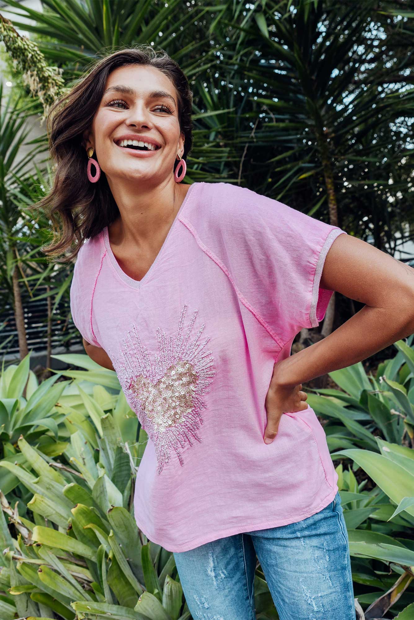 Candela Pink Sequin Heart Linen Top