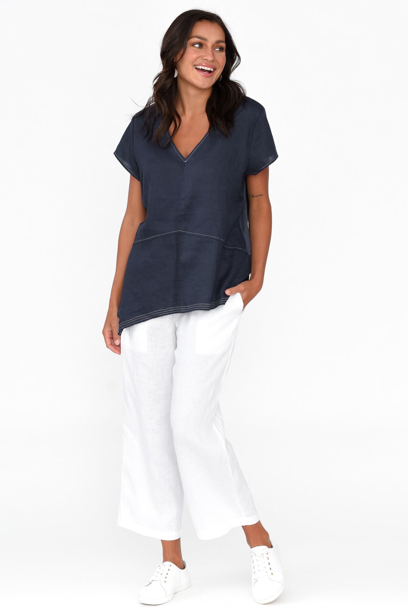 Lindy Navy Linen V Neck Top