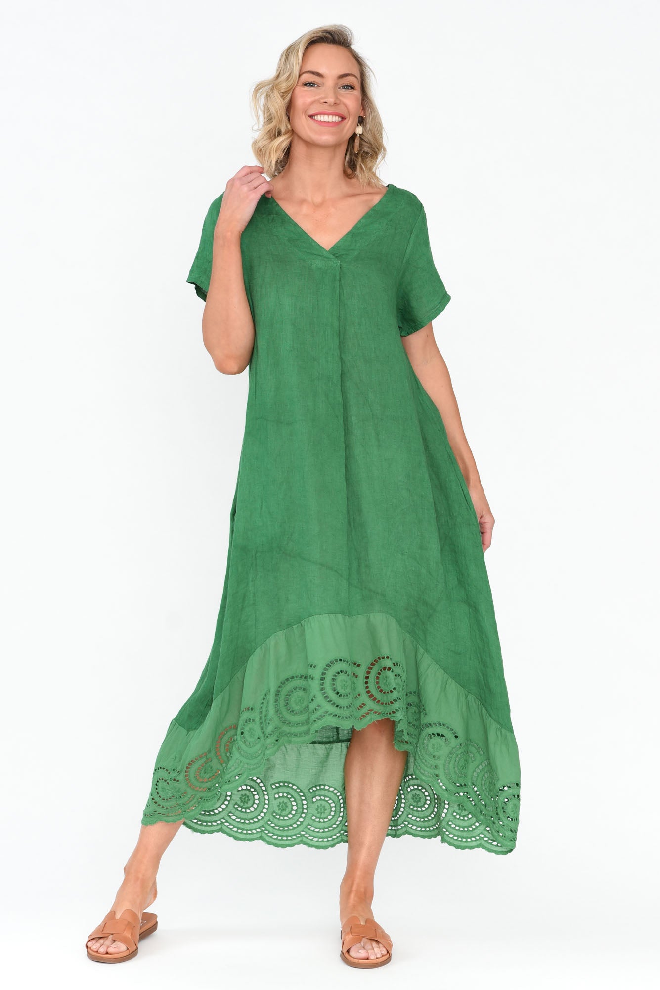 Ravella Green Linen V Neck Dress
