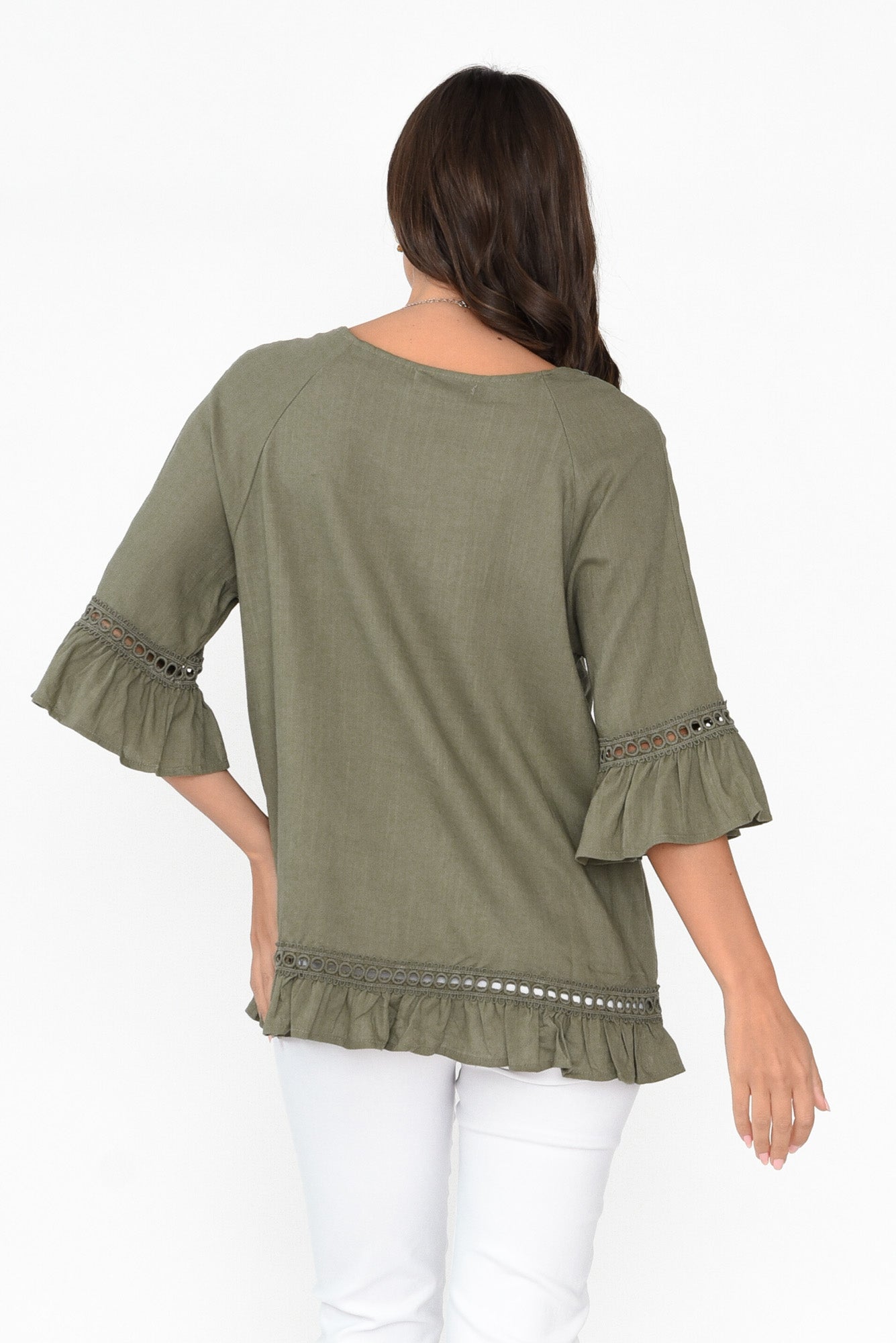 Tinker Khaki Linen Cotton Ruffle Top