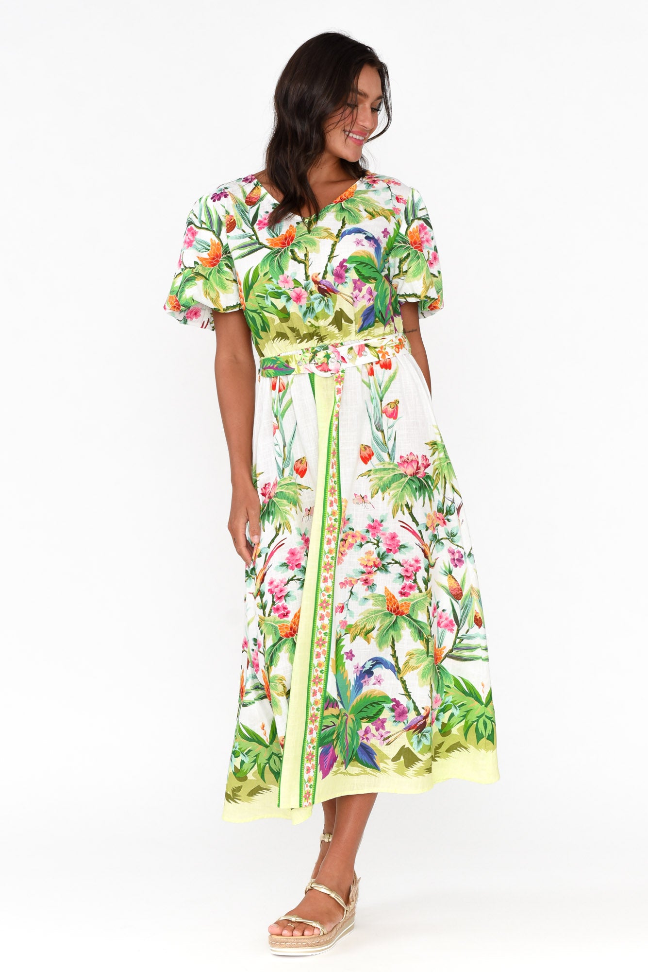Cobana Green Tropical Cotton Belted Dress