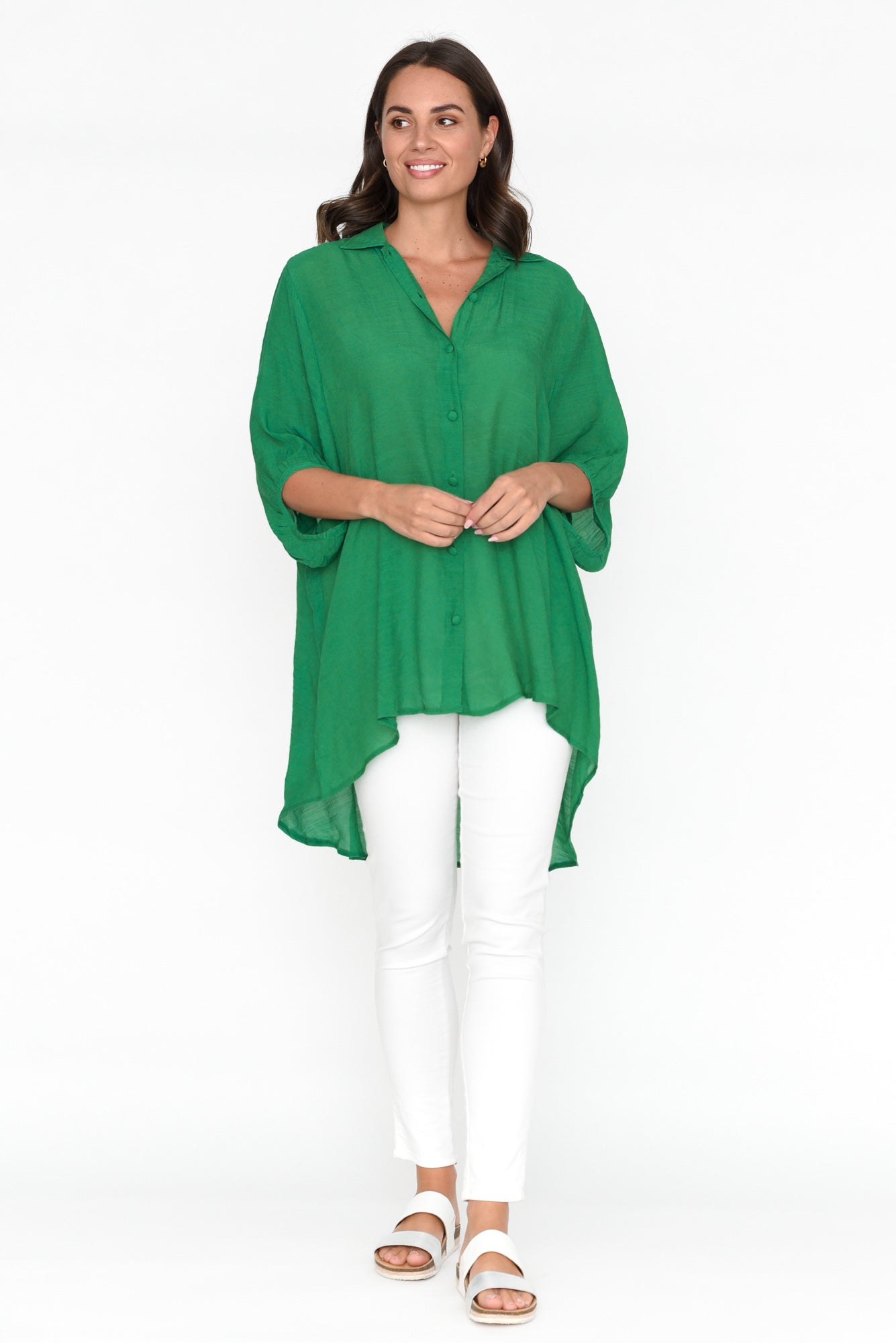 Green Cotton Blend Hi Lo Shirt