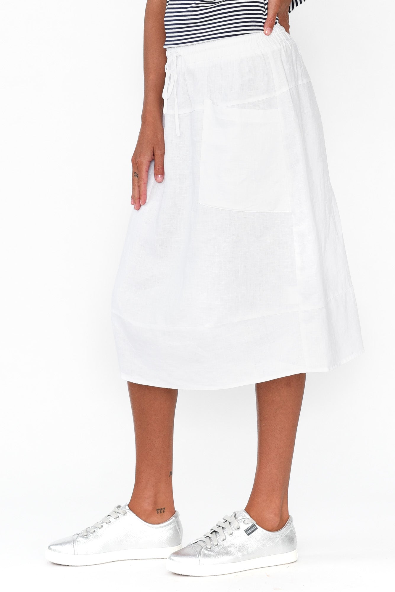 Claire White Linen Pocket Midi Skirt