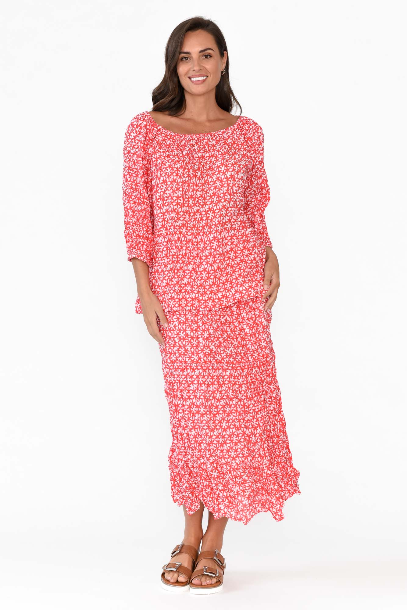 Christina Red Flower Crinkle Cotton Top