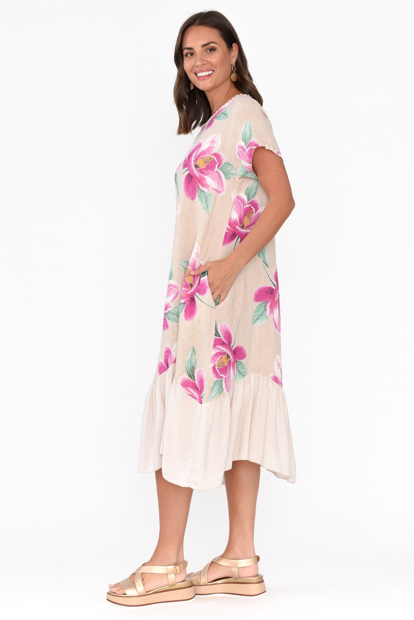 Ryker Beige Floral Linen Pocket Dress