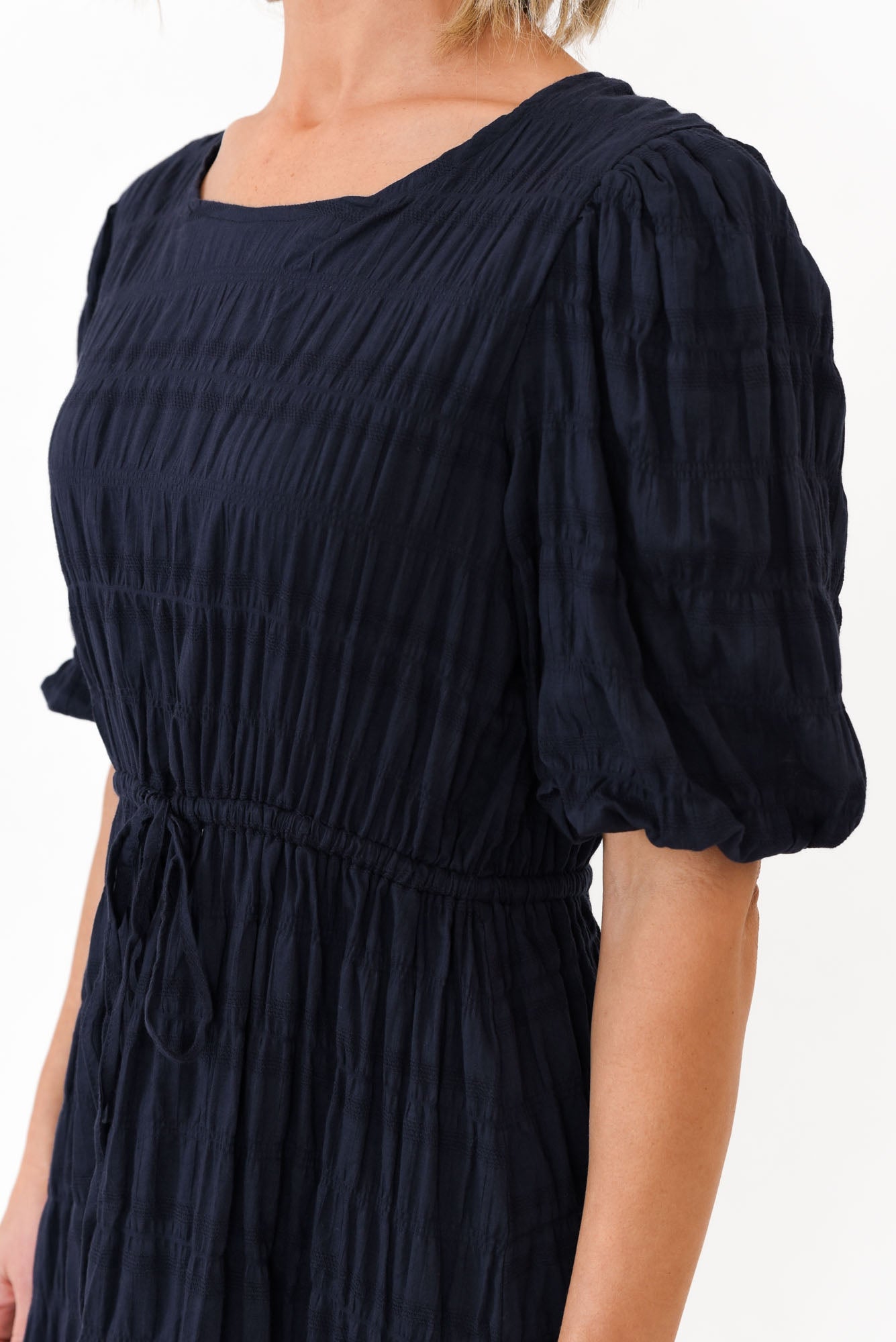 Rava Navy Cotton Tie Dress