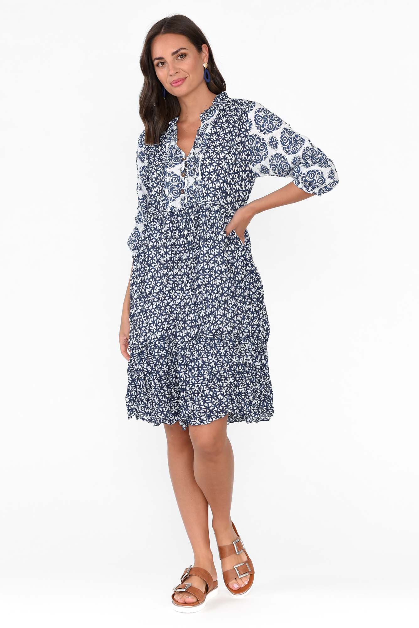 Oakwood Navy Flower Cotton Puff Sleeve Dress