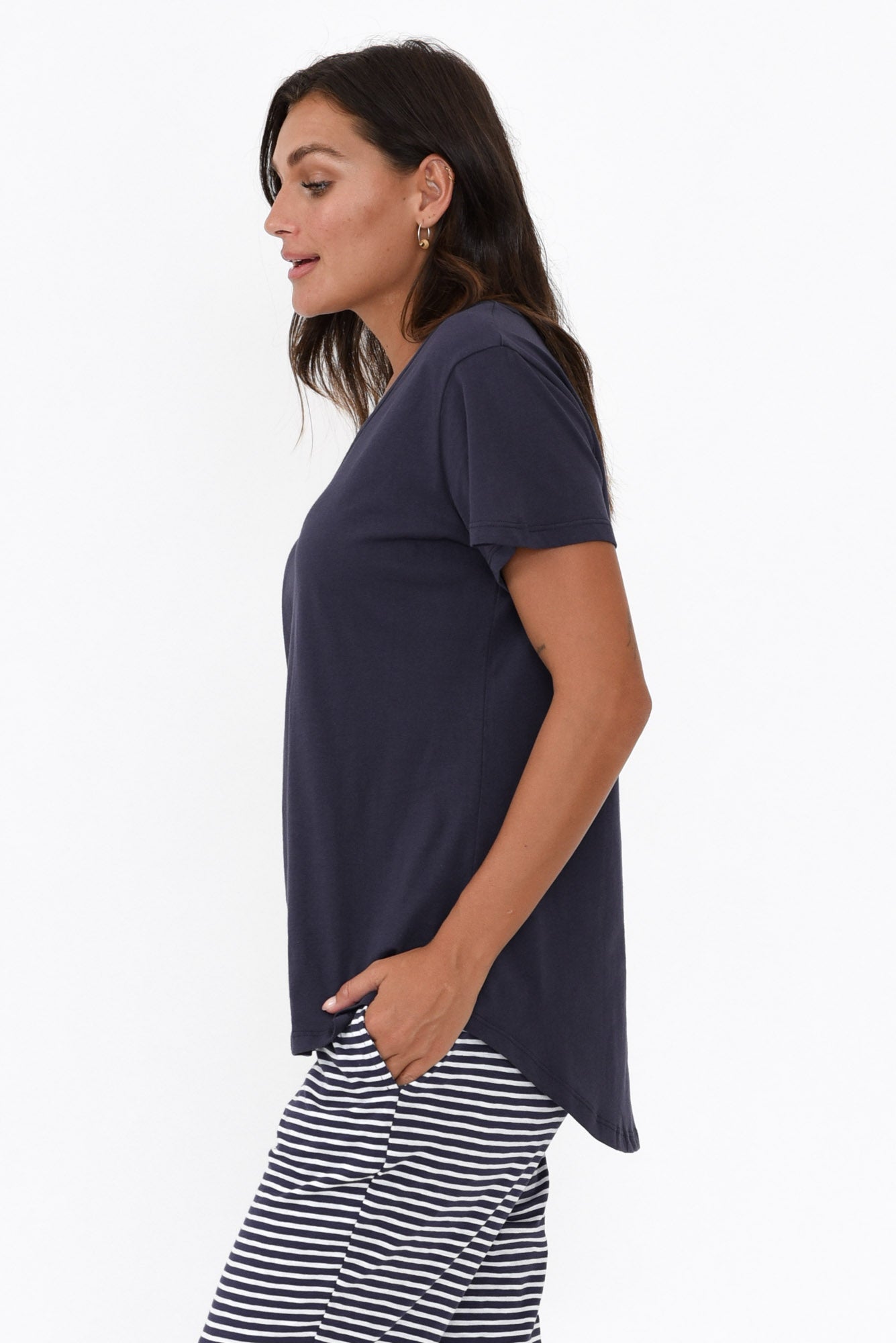 Ava Navy Cotton V Neck Tee