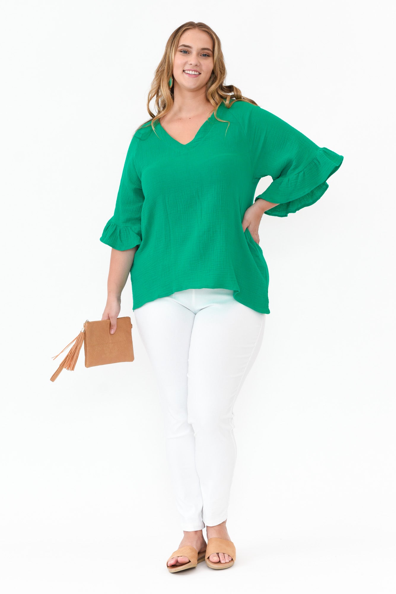 Corey Green Crinkle Cotton Frill Top