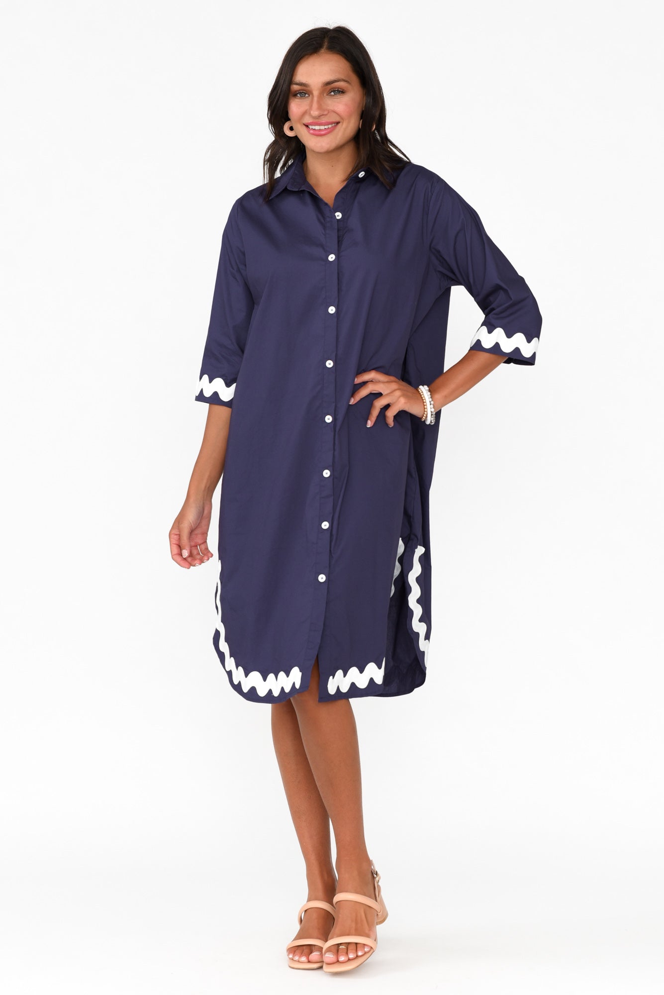 Teton Navy Trim Cotton Shirt Dress