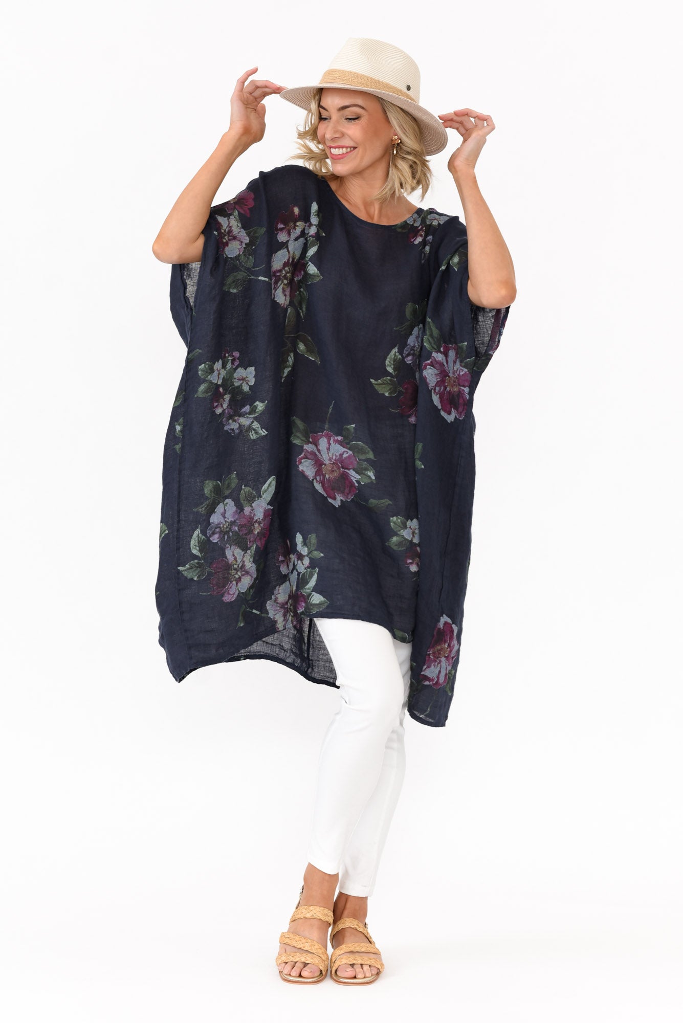 Noemi Navy Floral Linen Kaftan Tunic