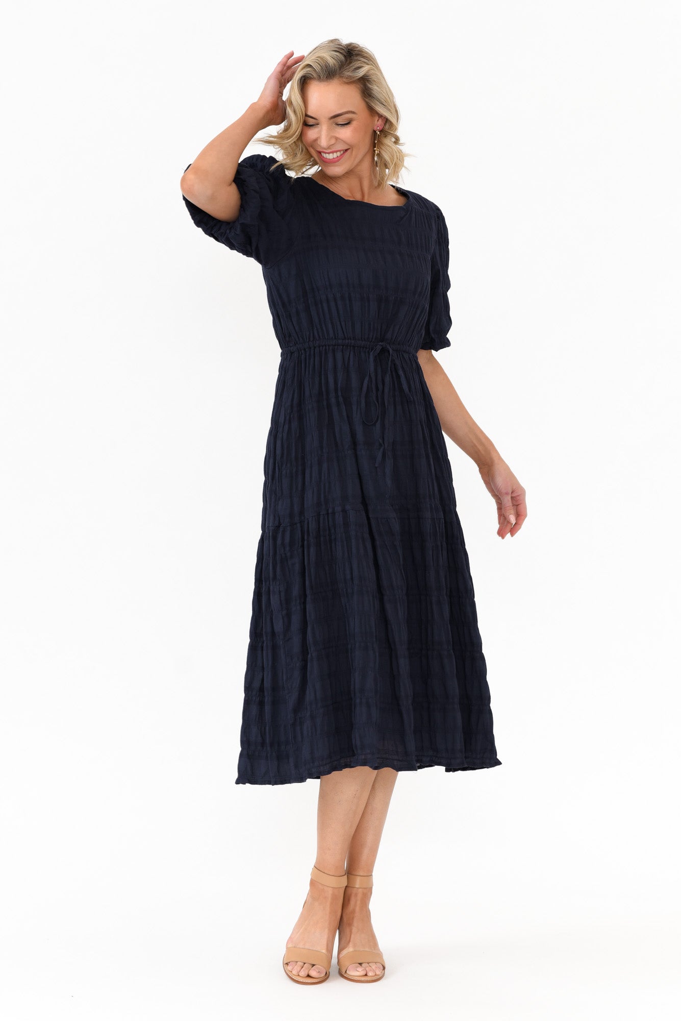 Rava Navy Cotton Tie Dress