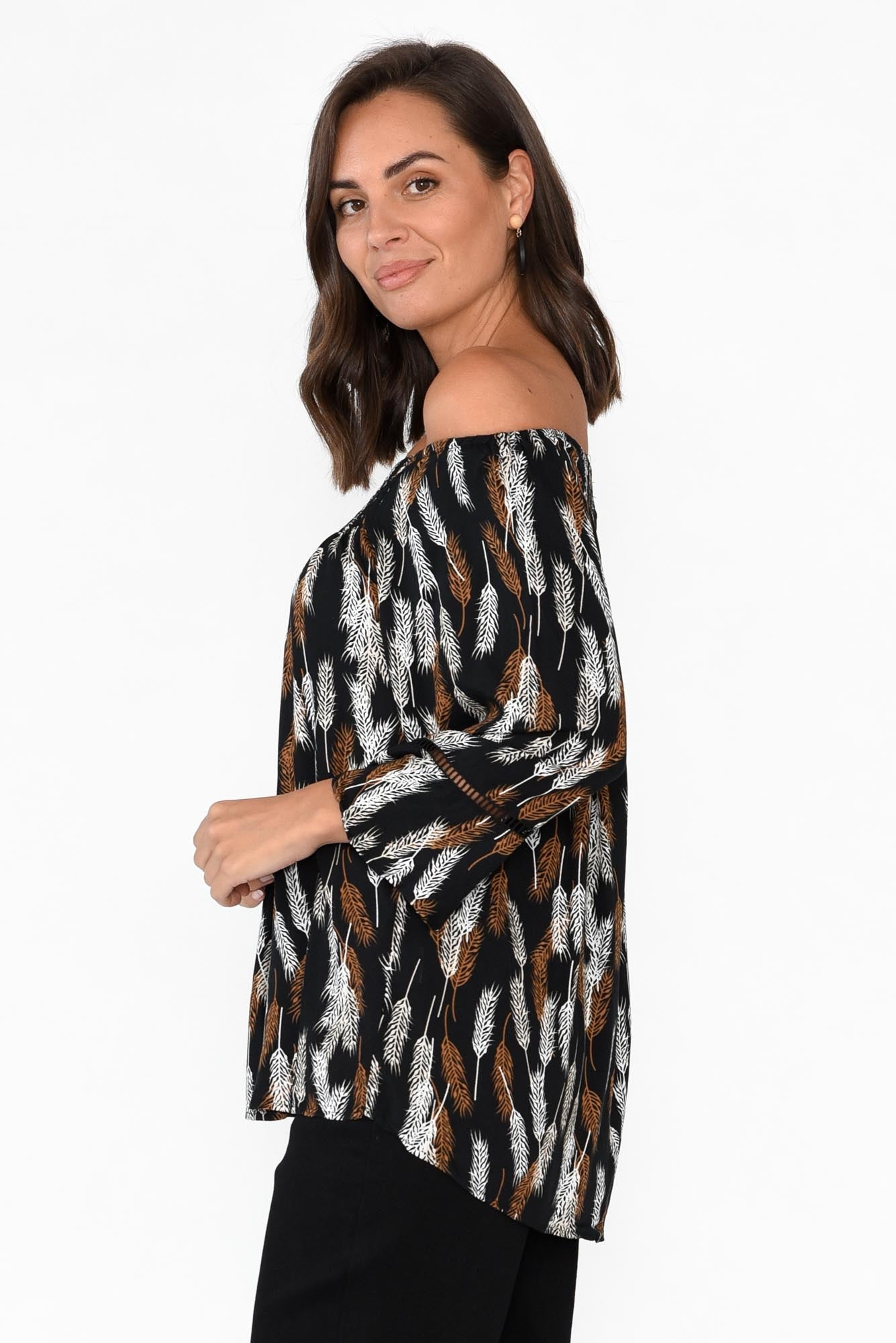 Welda Black Leaf Frill Top