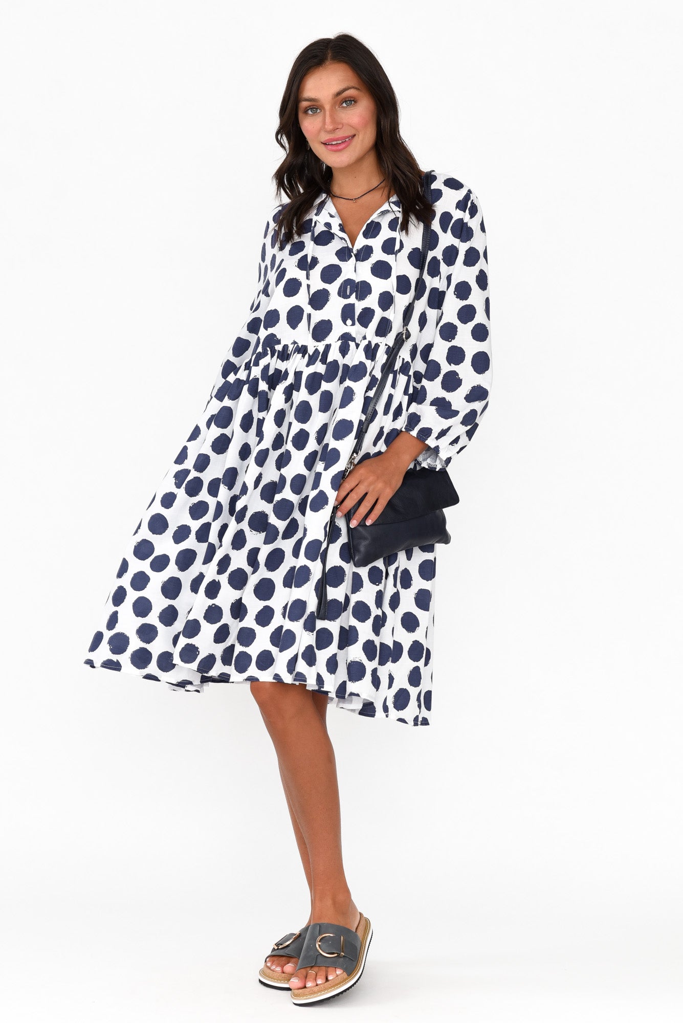 Frieda Navy Spot Cotton Tie Dress