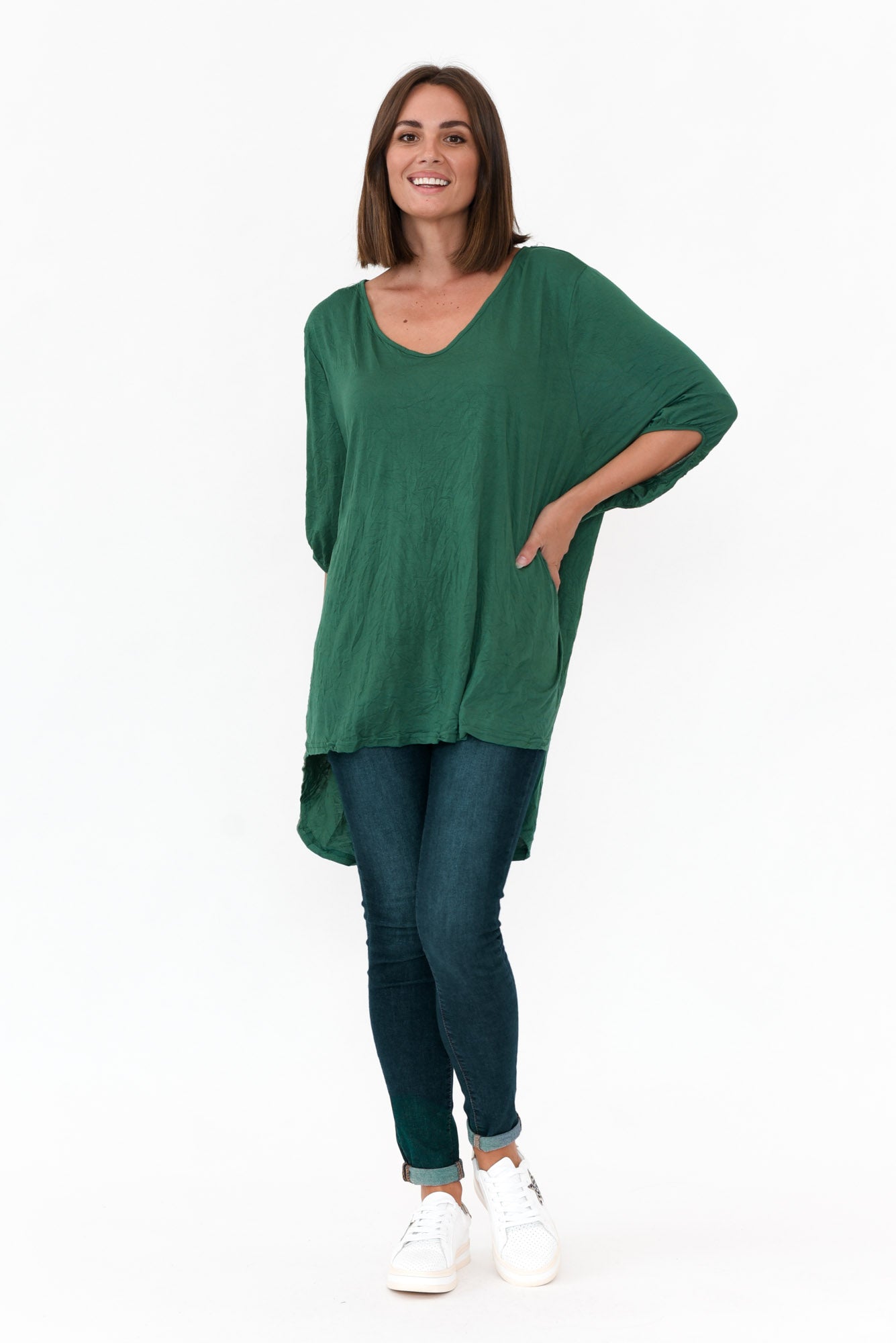 Agnes Emerald Crinkle Cotton Hi Lo Top