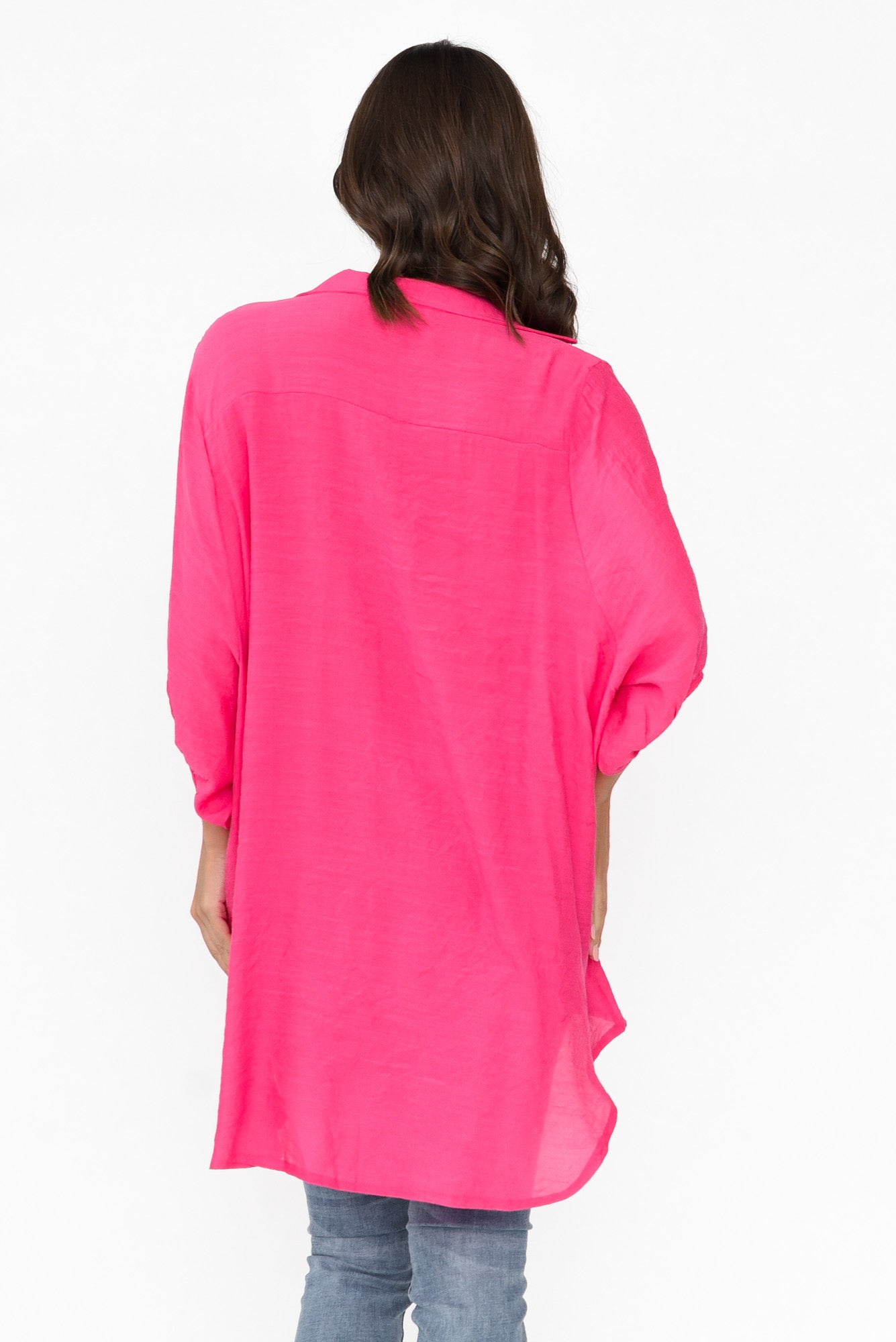 Hot Pink Cotton Blend Hi Lo Shirt