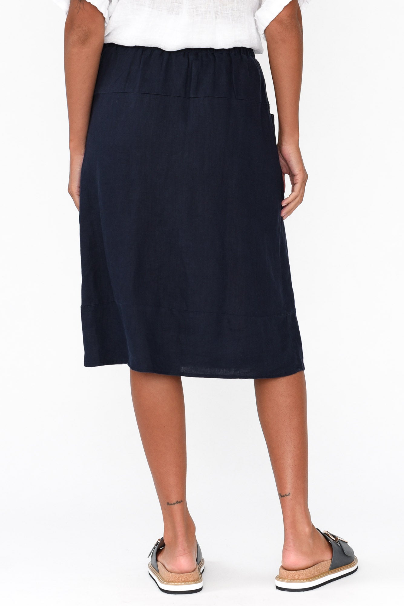 Claire Navy Linen Pocket Midi Skirt