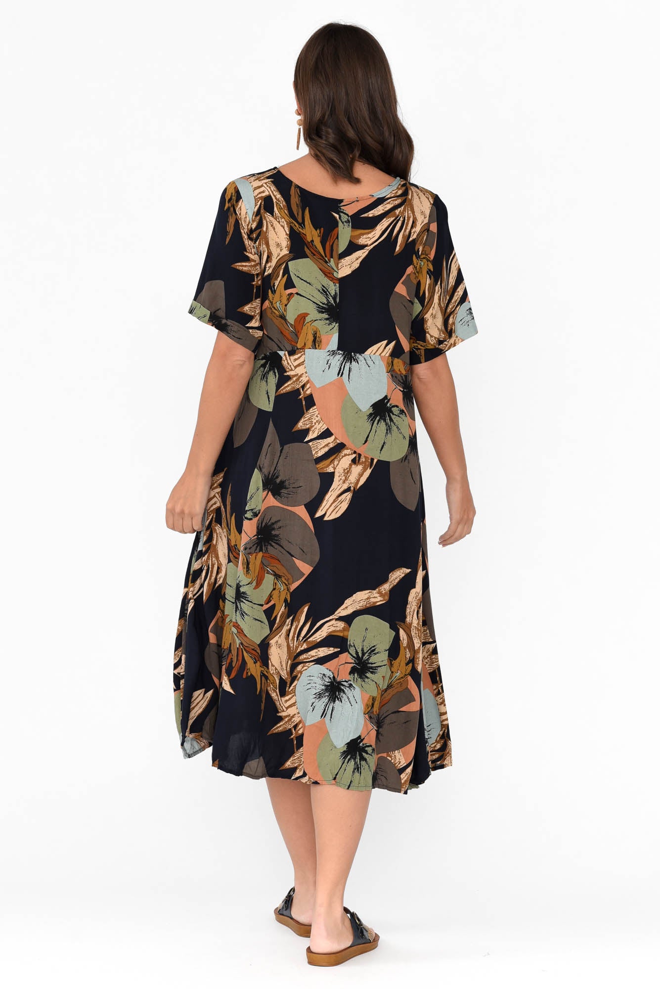 Yazi Navy Abstract Pocket Midi Dress