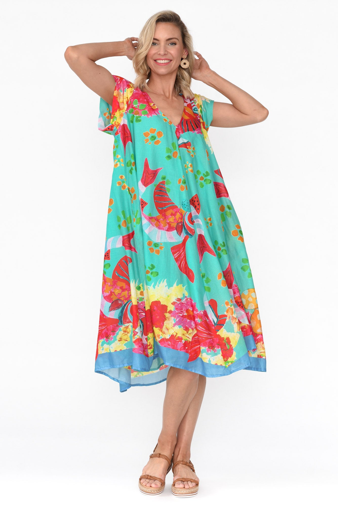 Maheno Teal Sea Cotton Midi Dress