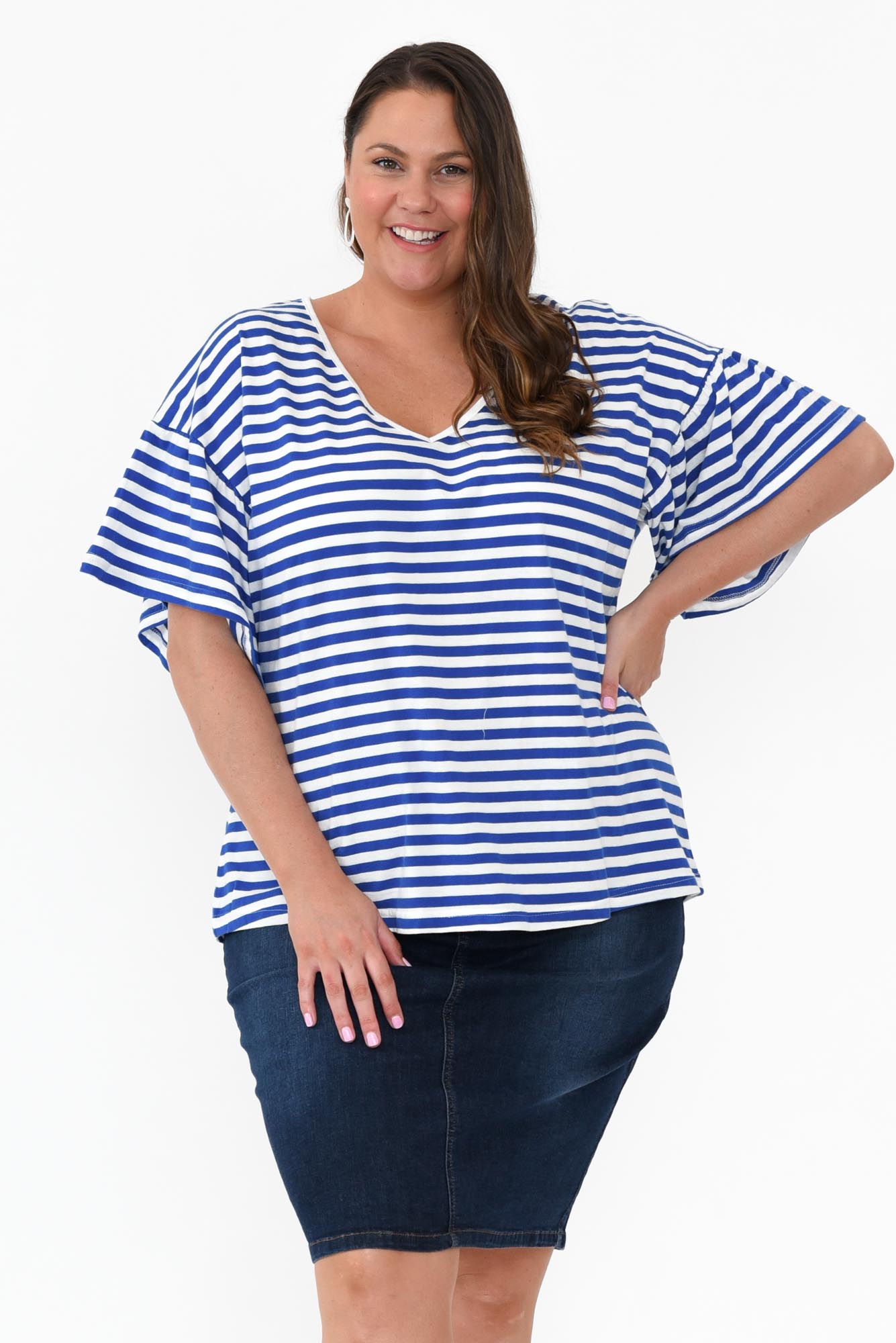 Alessia Blue Stripe Cotton Frill Top