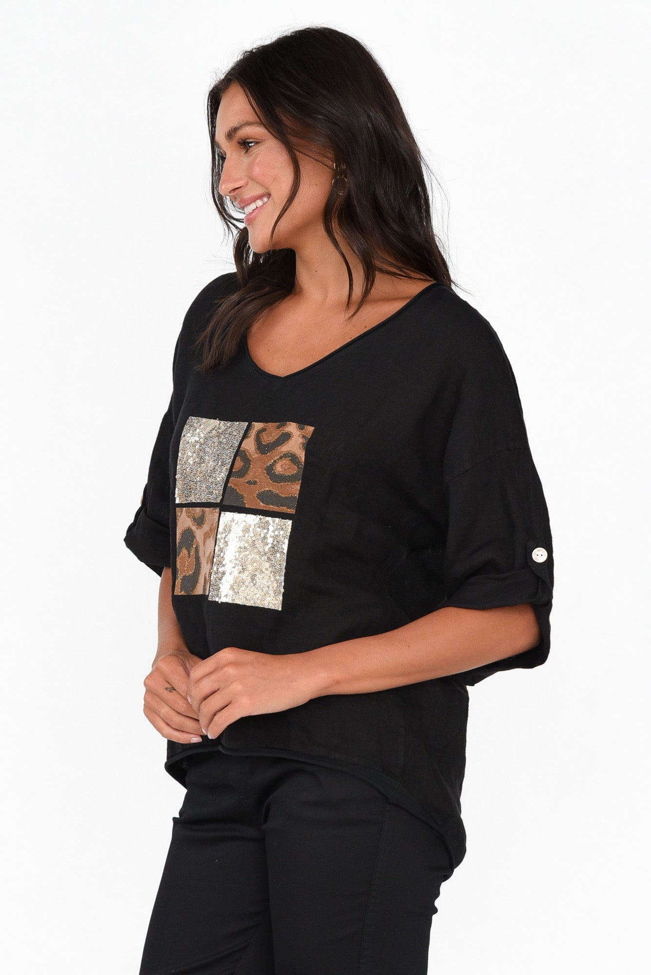 Pavla Black Leopard Linen V Neck Top