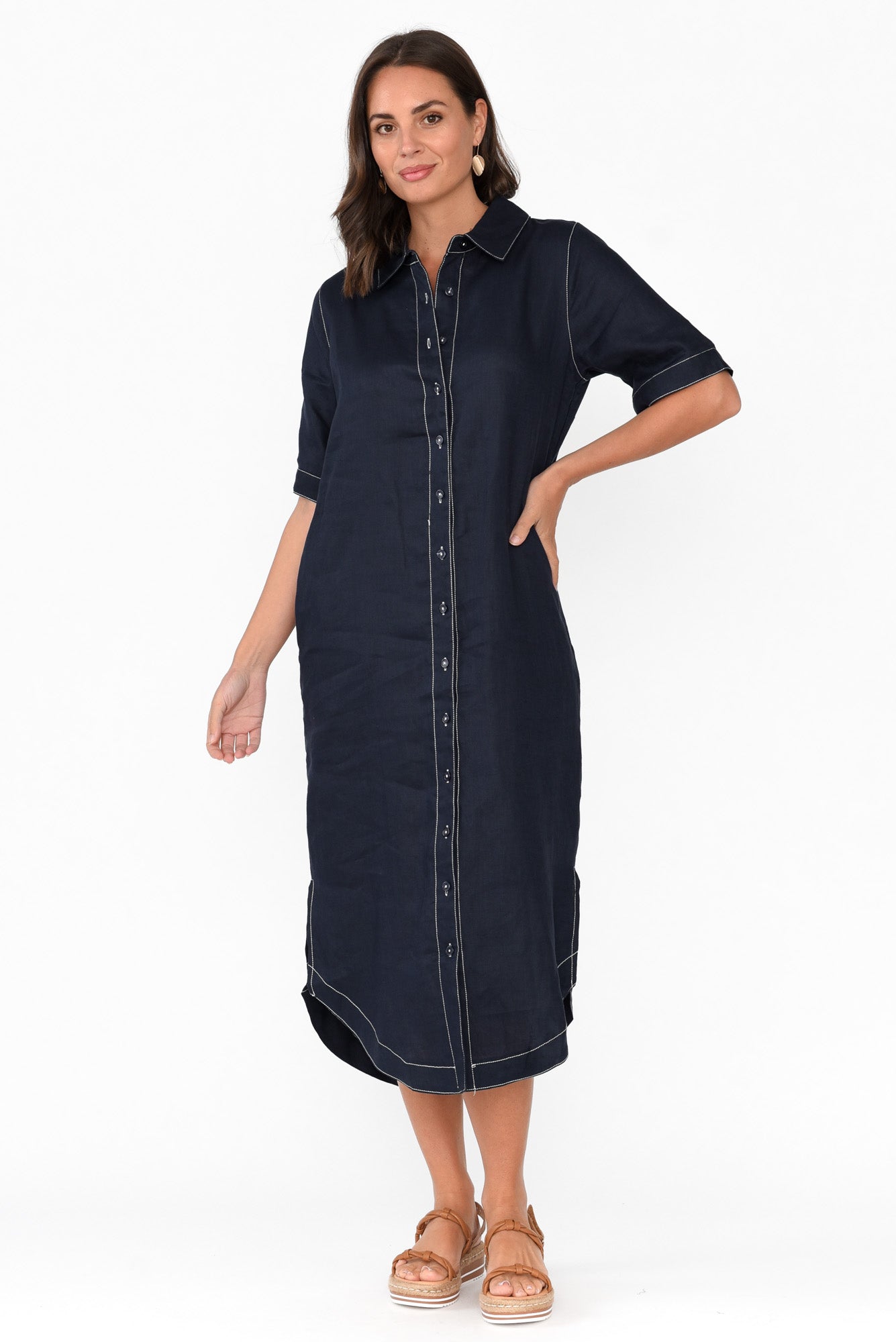 Alaska Navy Linen Shirt Dress