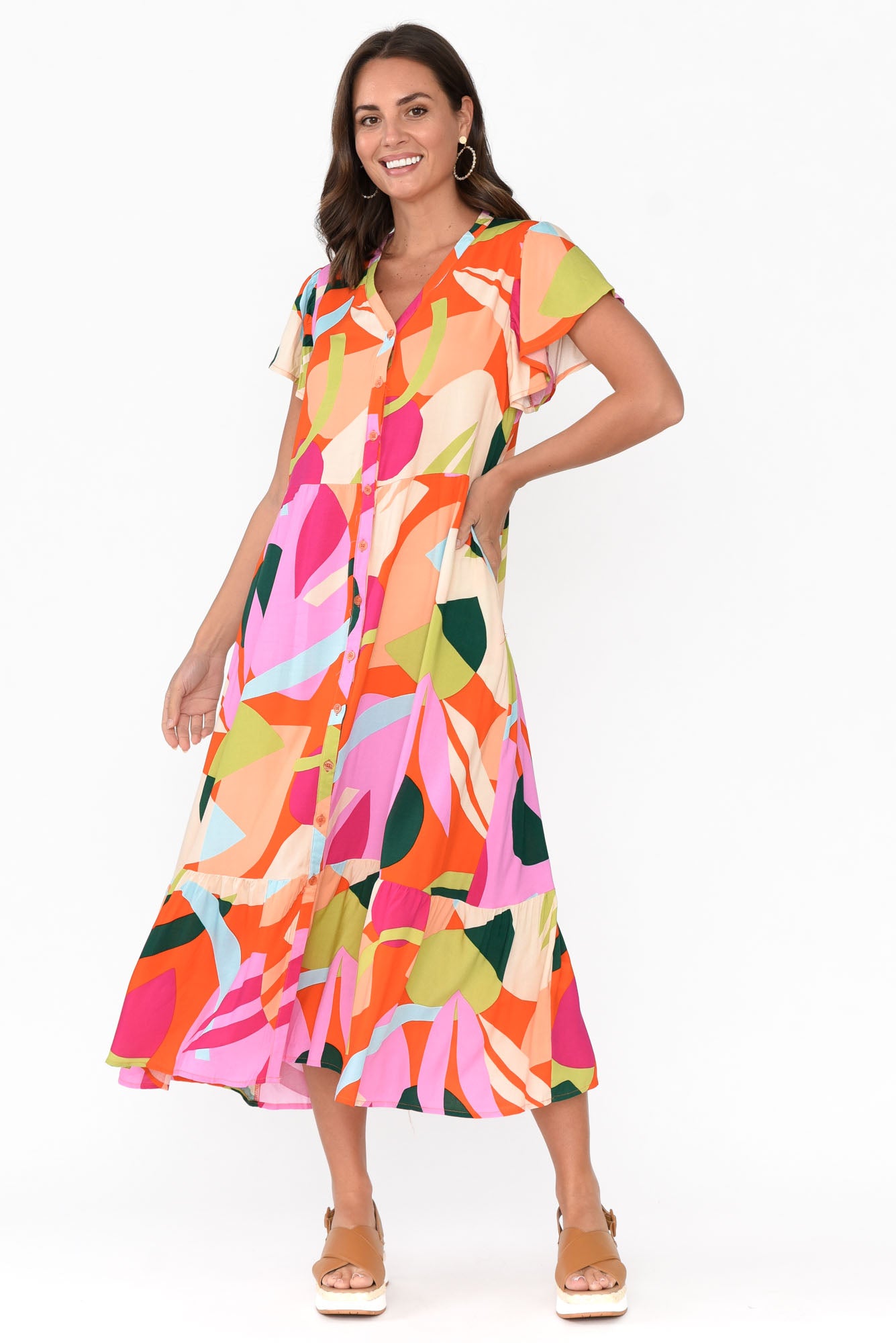 Edna Red Abstract Maxi Shirt Dress