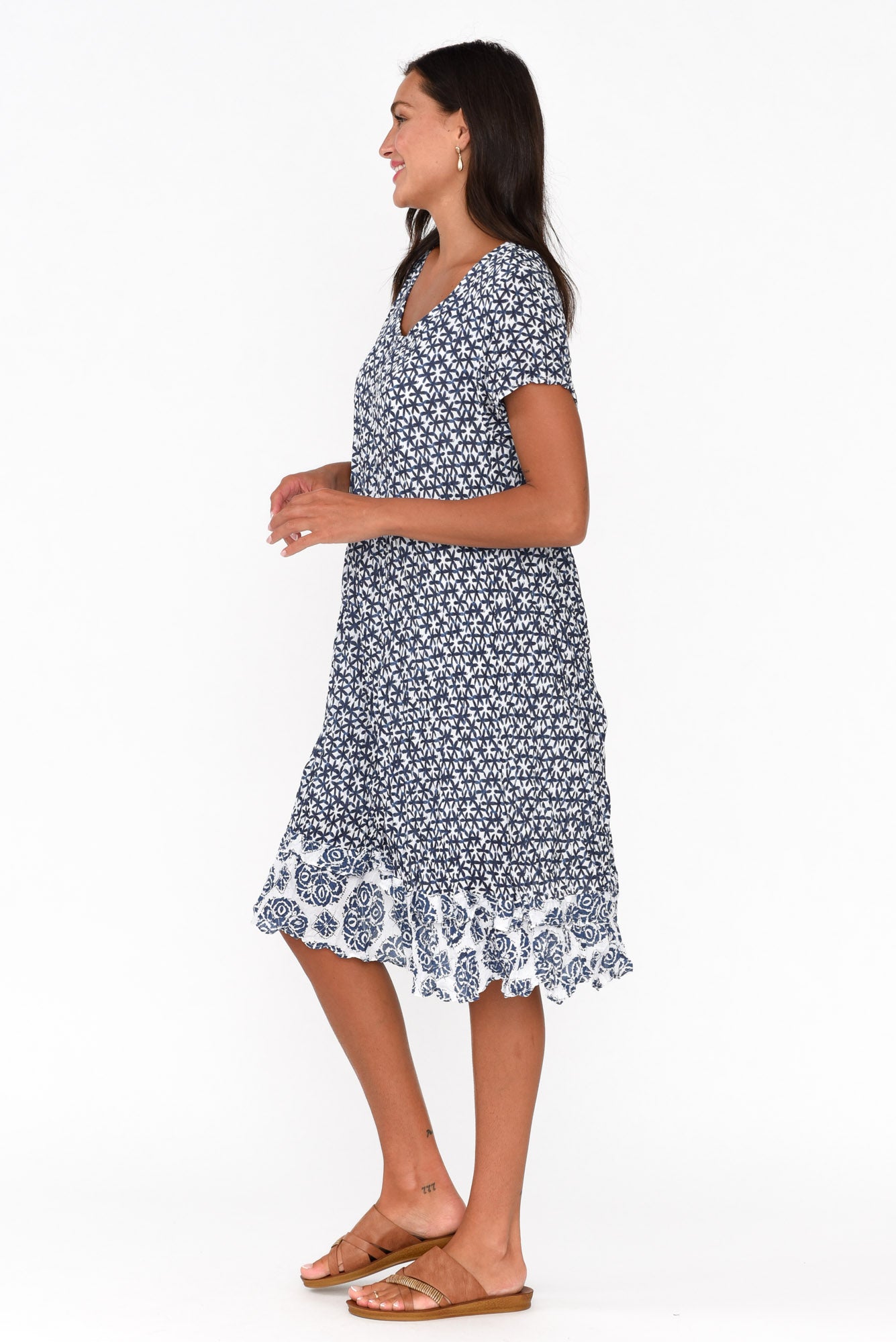 Lauren Navy Flower Crinkle Cotton Dress