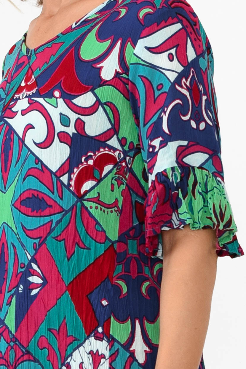 Calla Teal Mosaic Crinkle Dress
