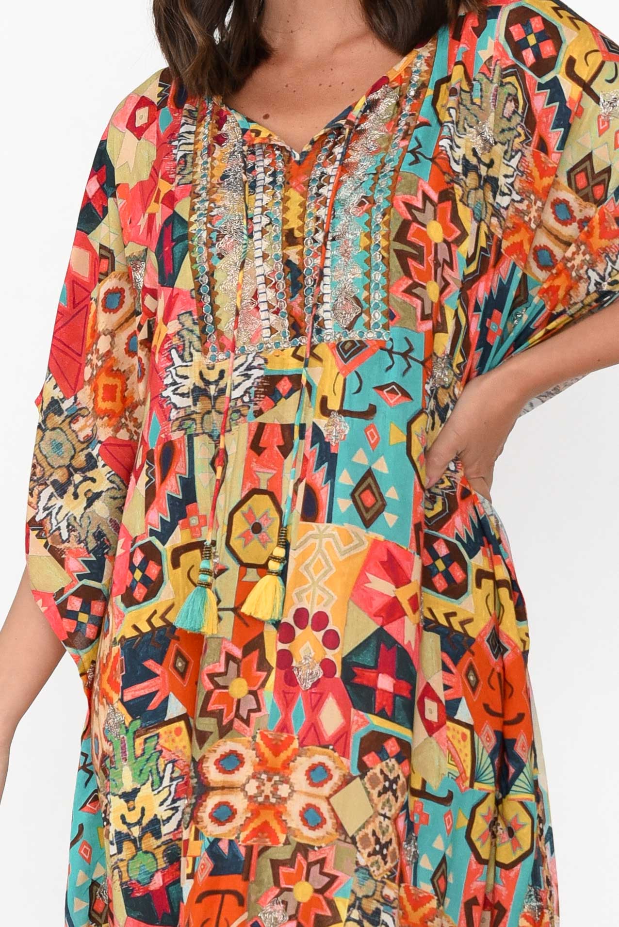 Caroline Orange Abstract Tassel Kaftan