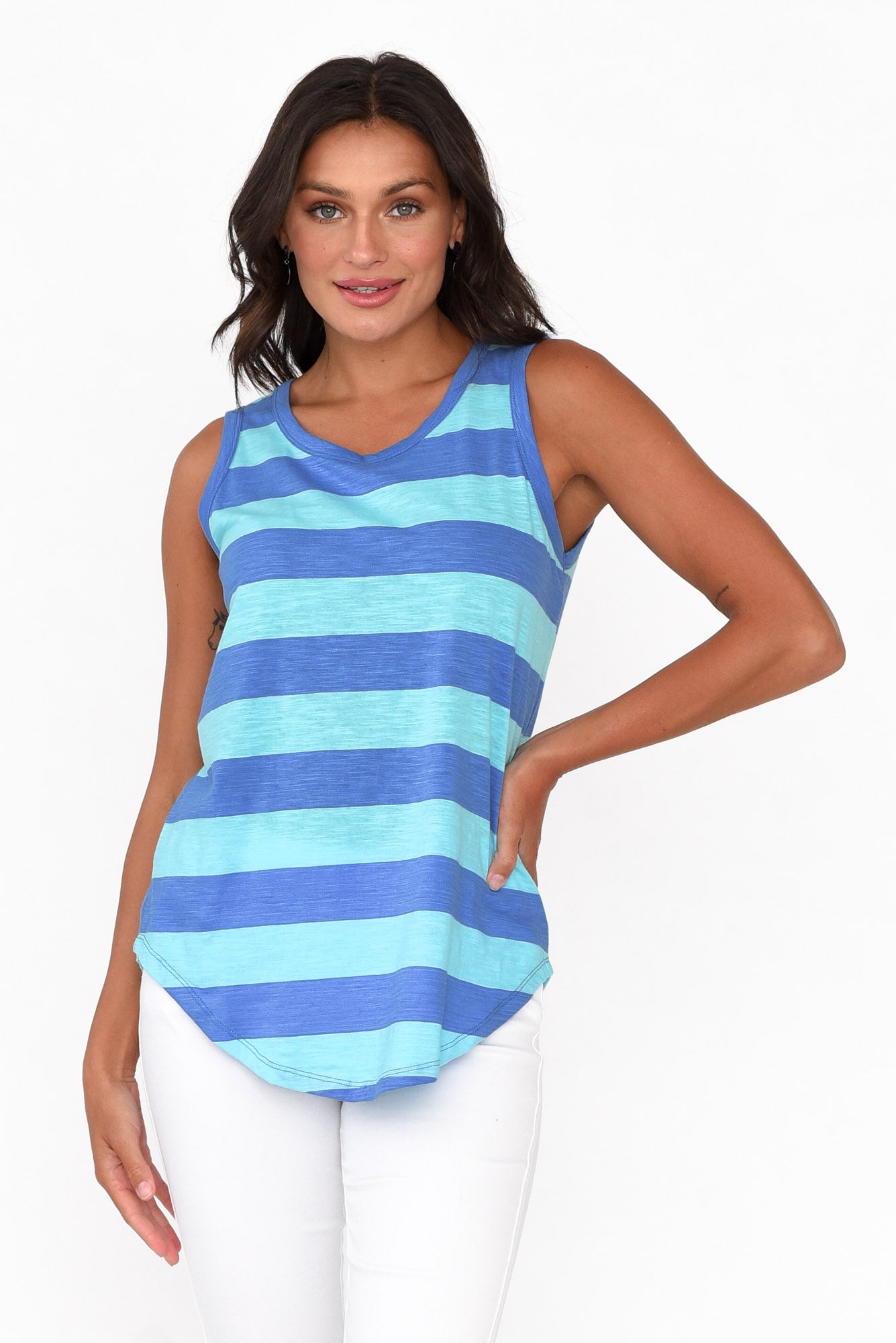Keira Aqua Stripe Cotton Tank