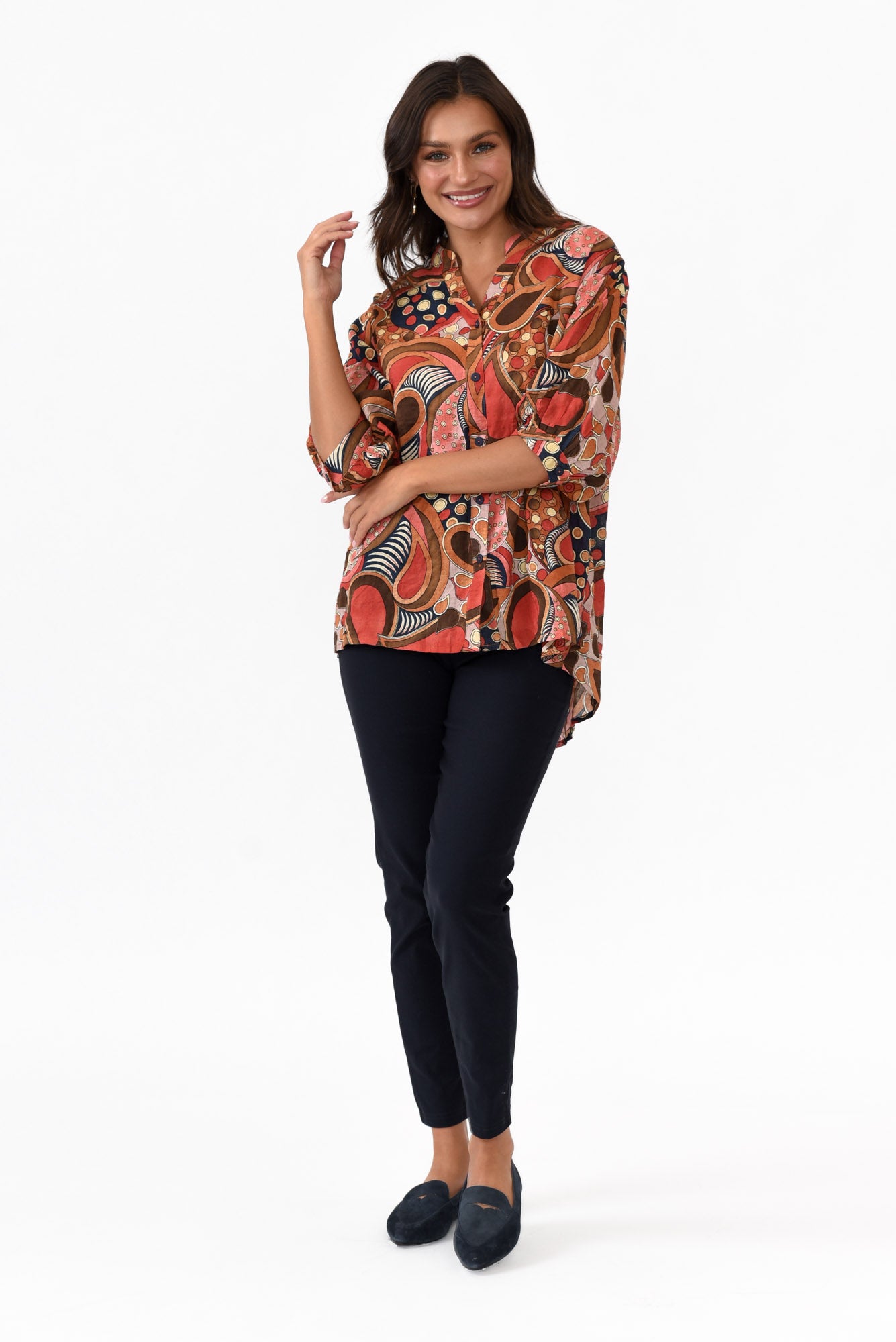 Albright Rust Abstract Cotton Button Top