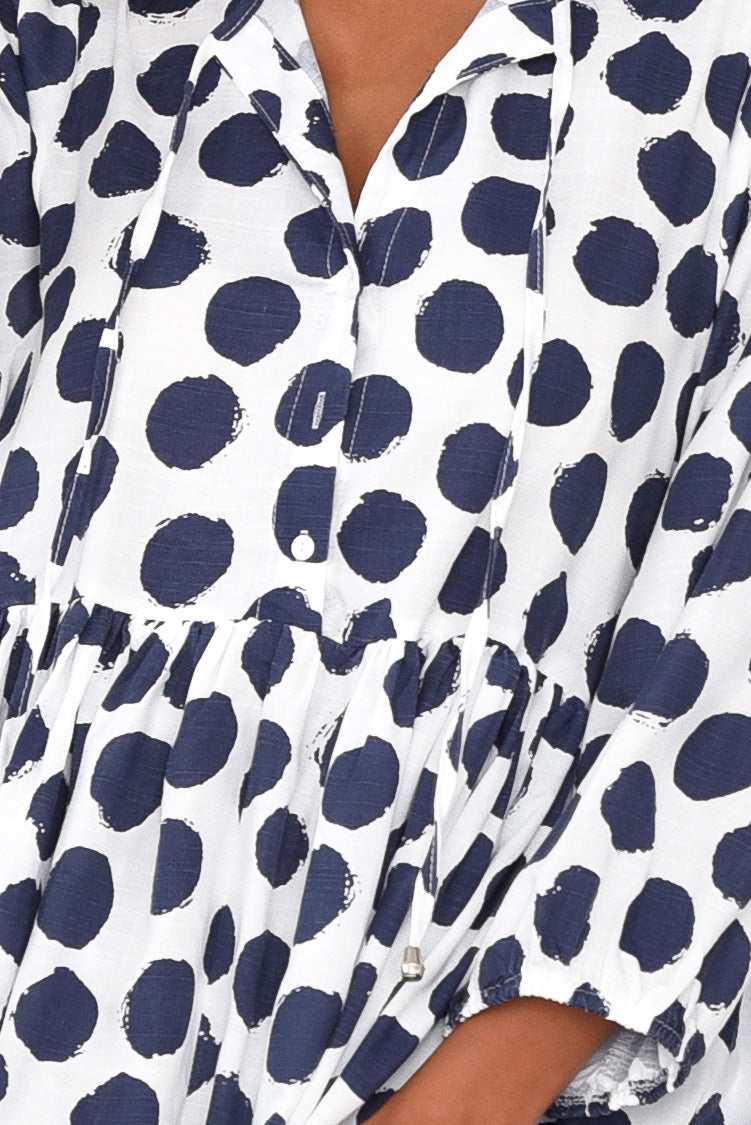Frieda Navy Spot Cotton Tie Dress