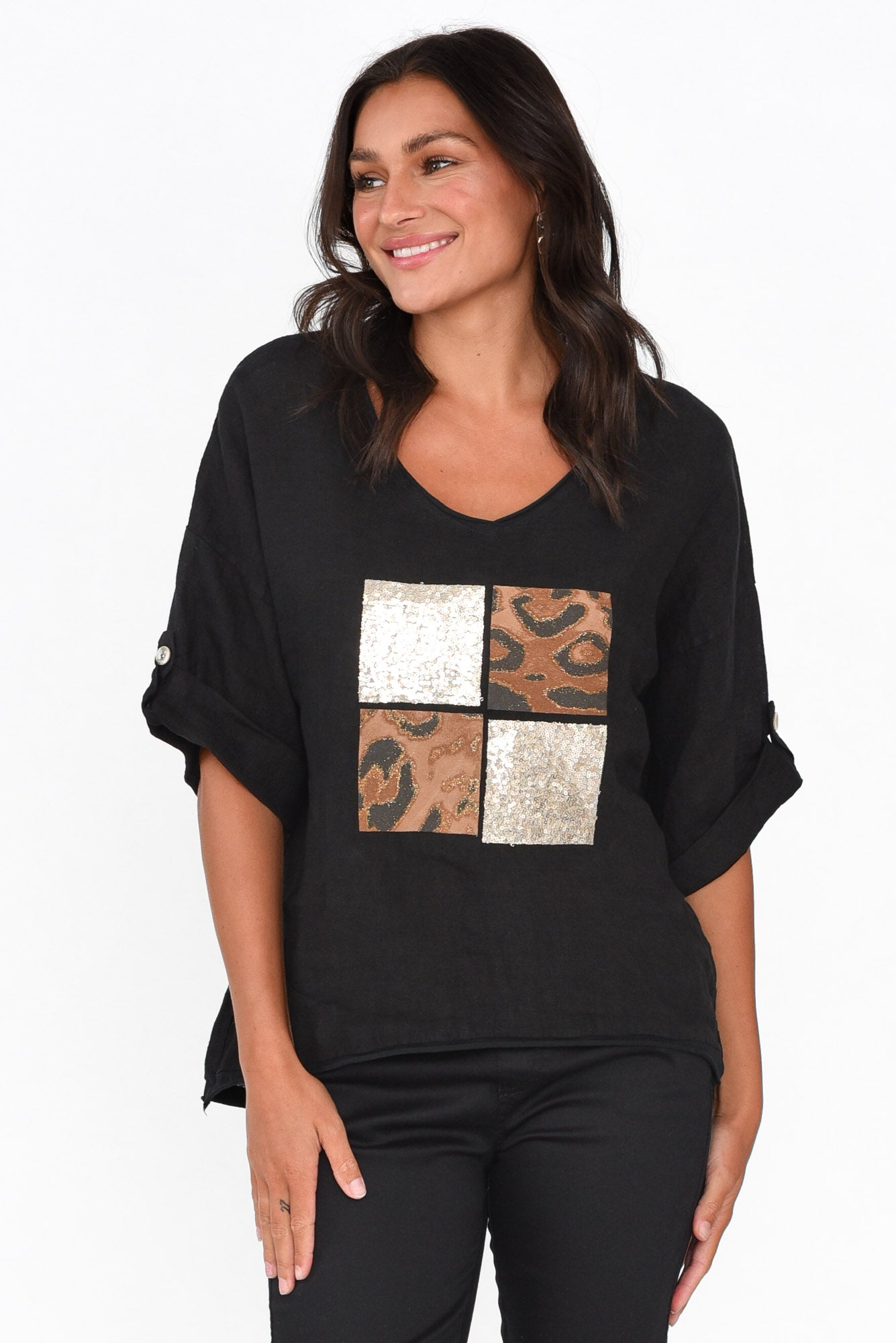 Pavla Black Leopard Linen V Neck Top