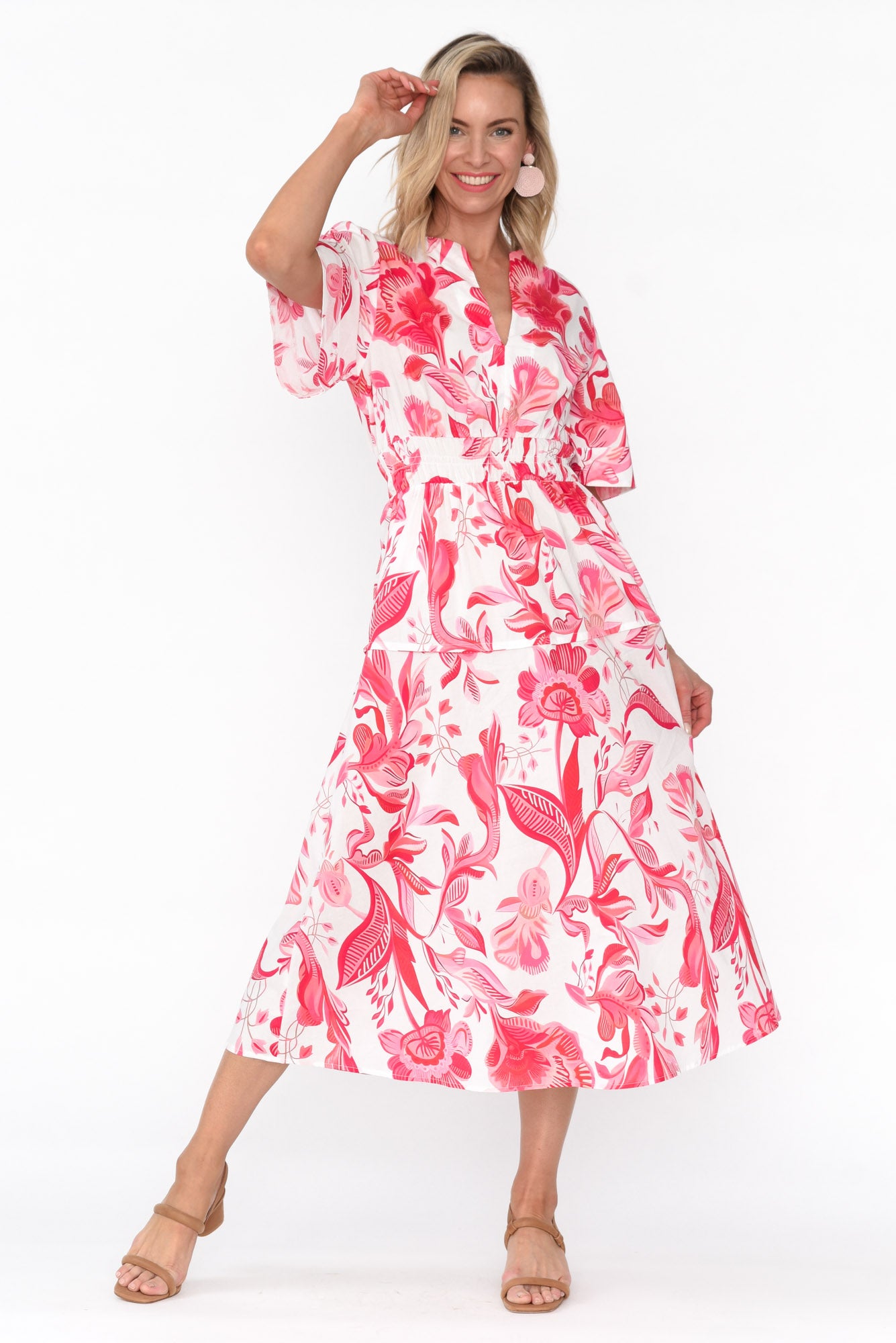 Marinda Pink Floral Cotton V Neck Dress