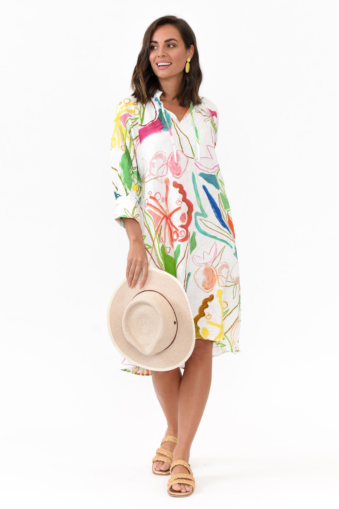 Bacall White Abstract Linen Dress