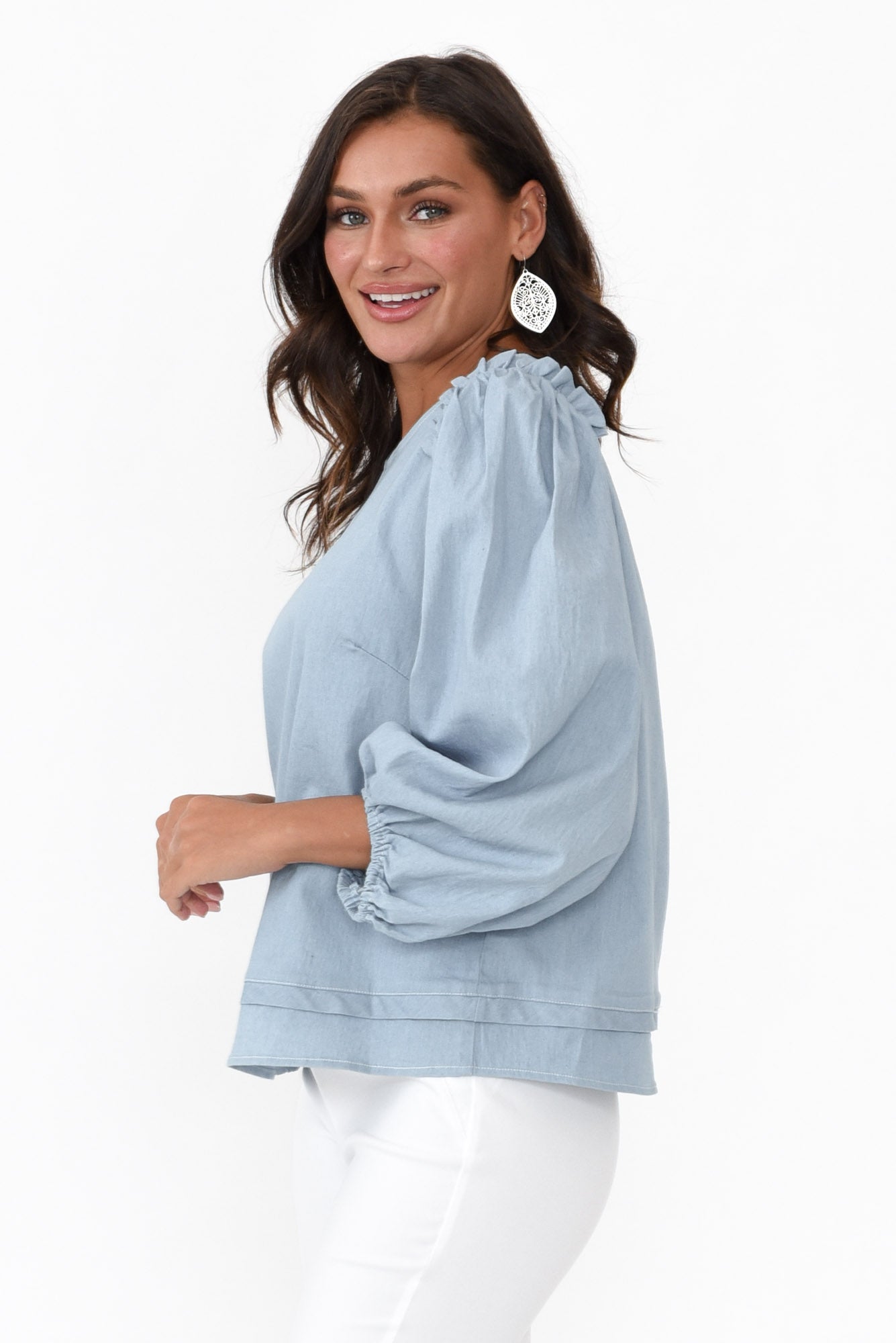 Ferguson Light Blue Cotton Blend Frill Top