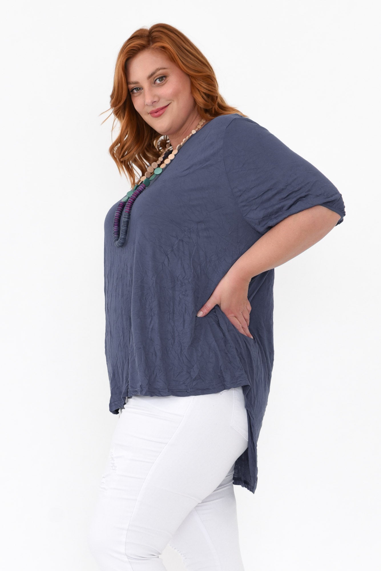 Agnes Navy Crinkle Cotton Hi Lo Top